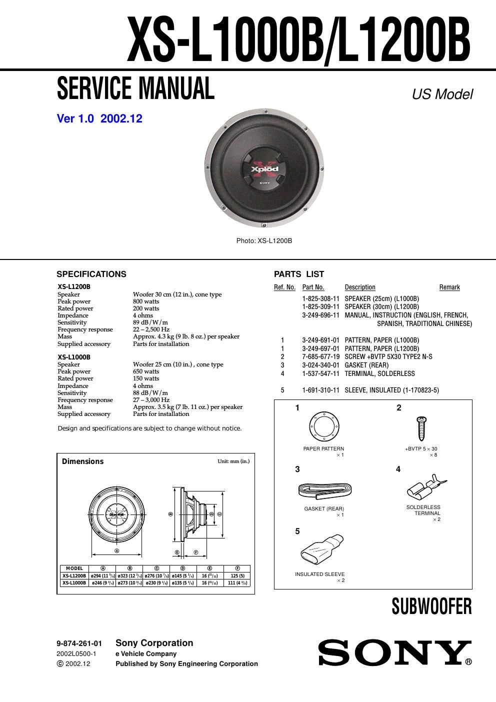 sony xs l 1000 b service manual