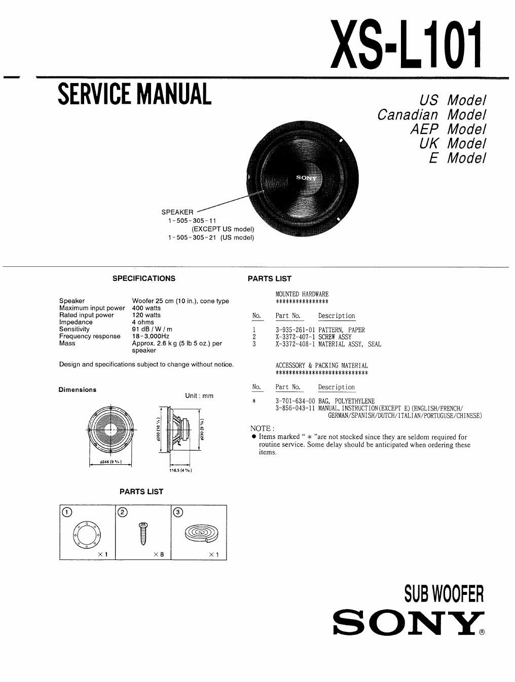 sony xs l 101 service manual
