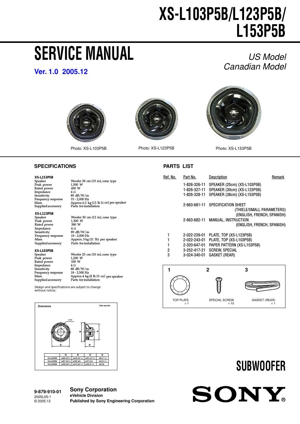 sony xs l 103 p 5 b service manual