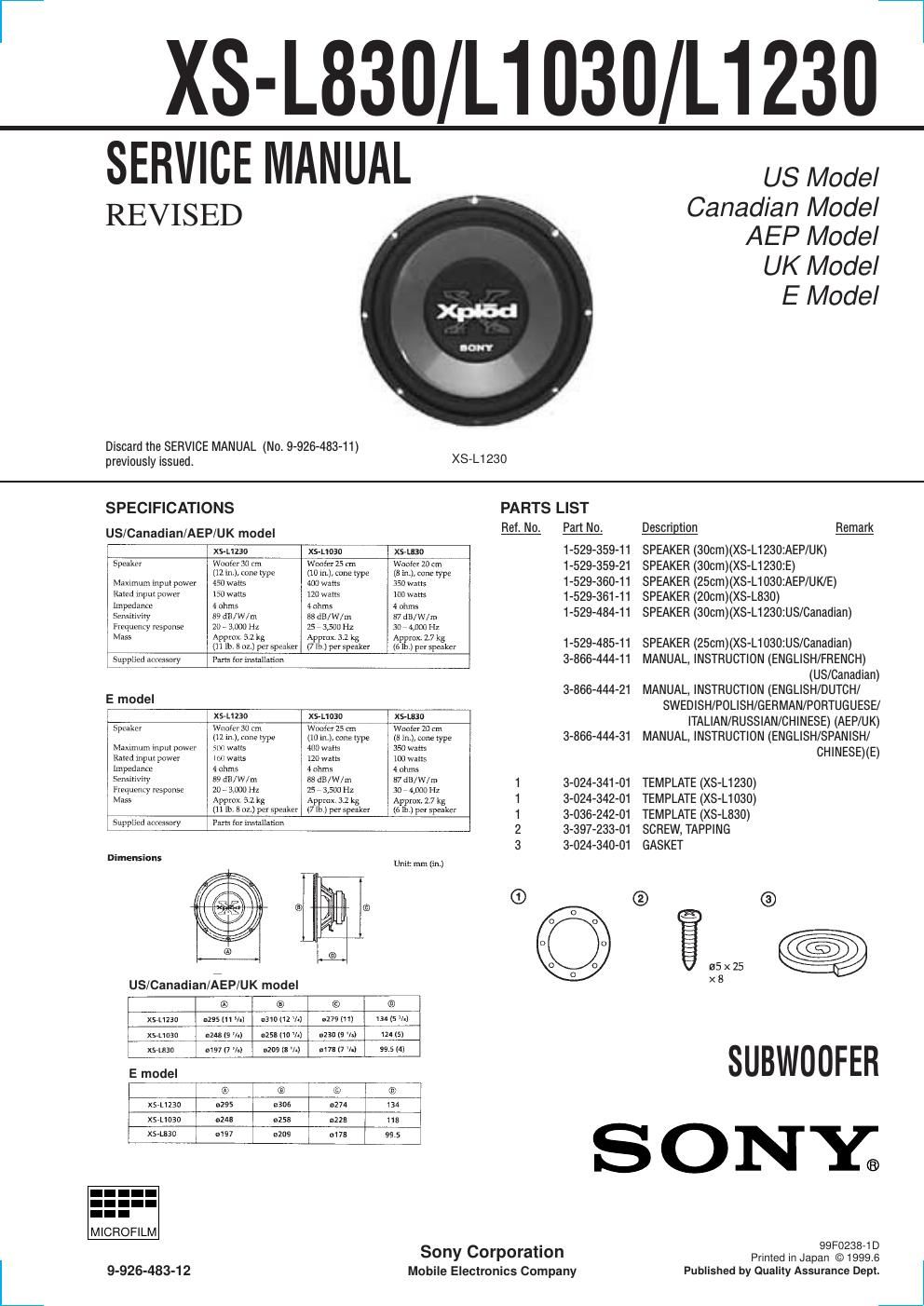 sony xs l 1030 service manual