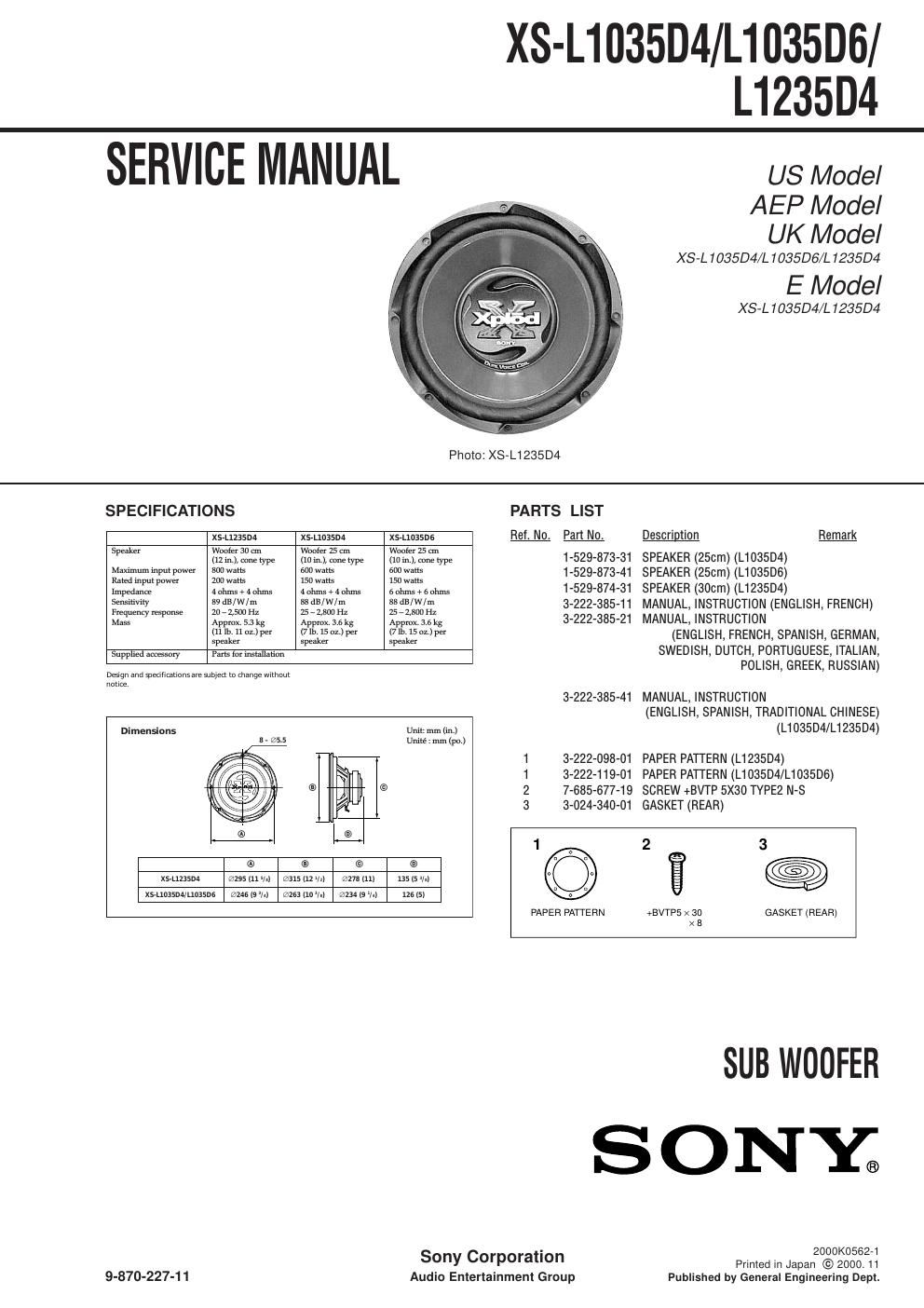 sony xs l 1035 d 6 service manual