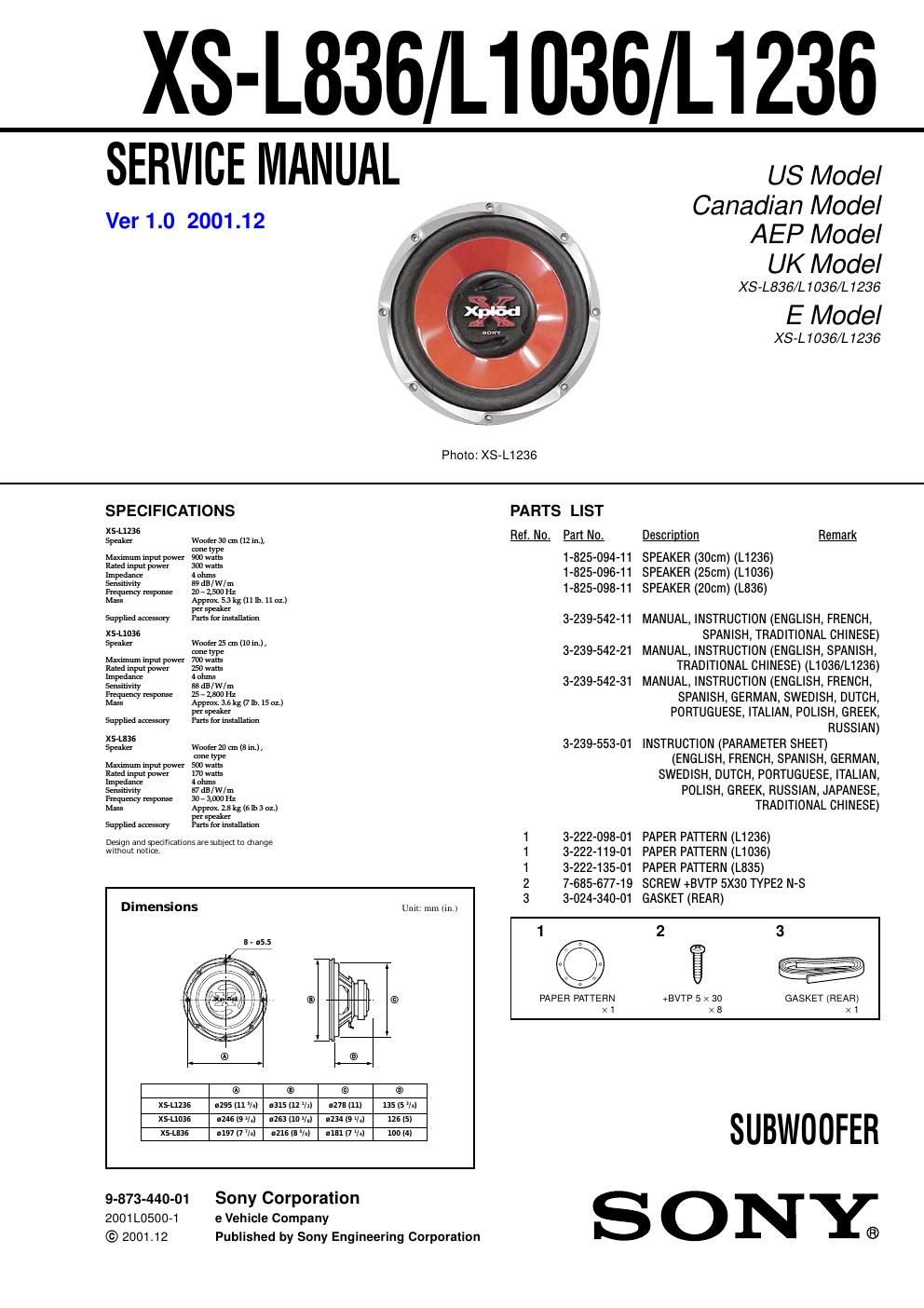 sony xs l 1036 service manual