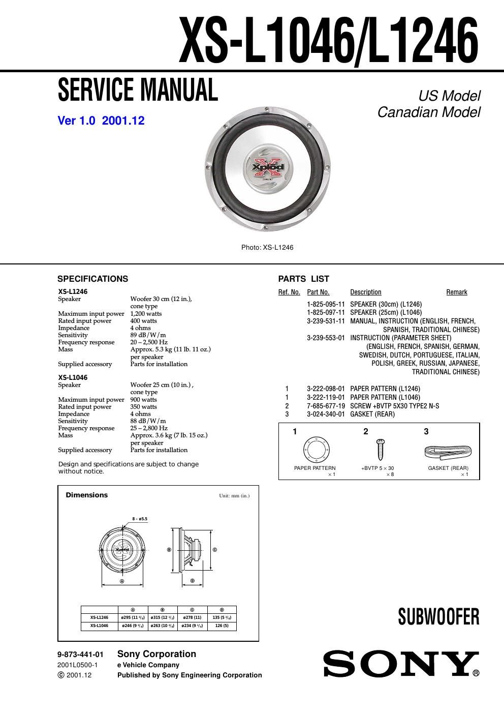 sony xs l 1046 service manual