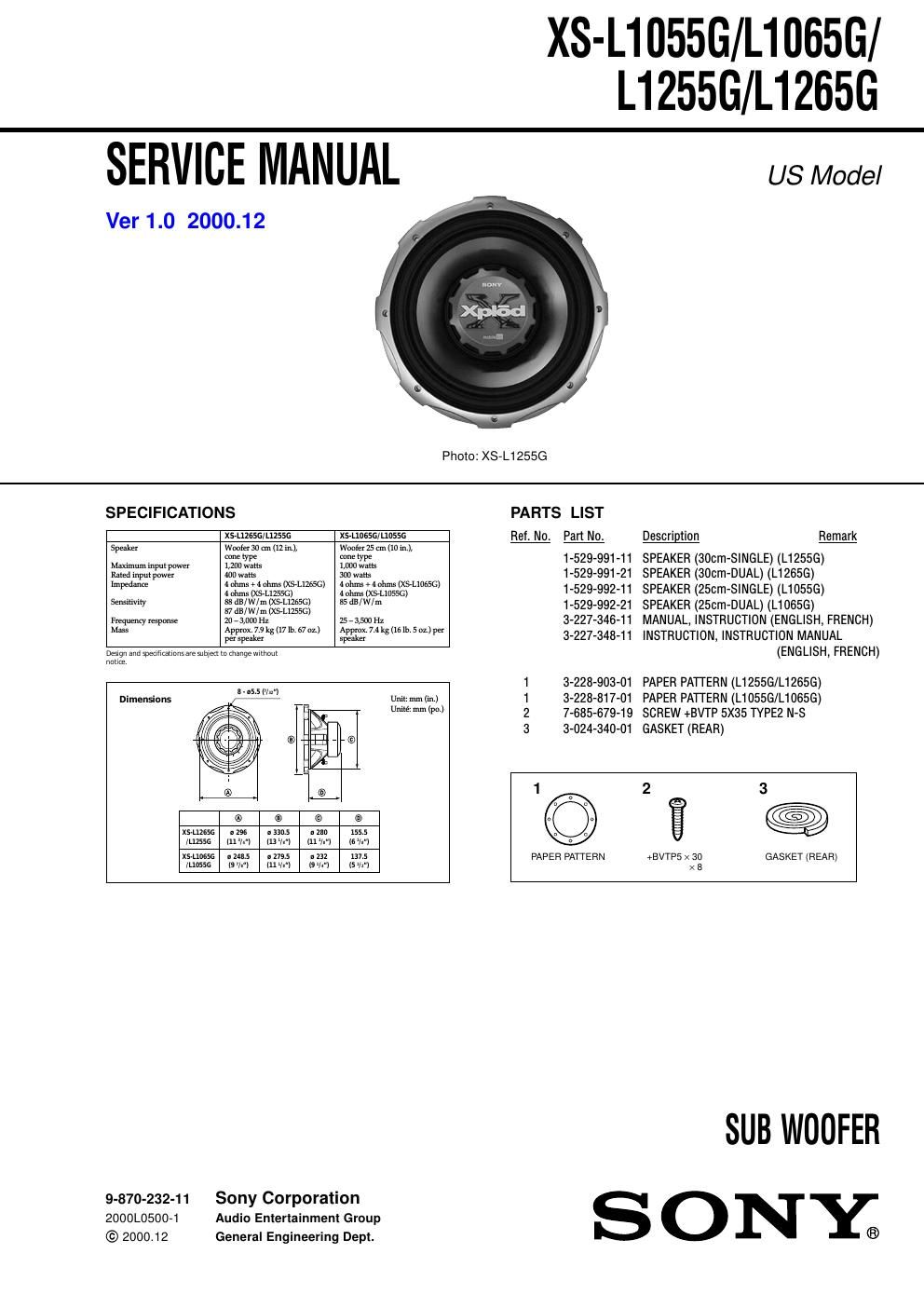 sony xs l 1065 g service manual