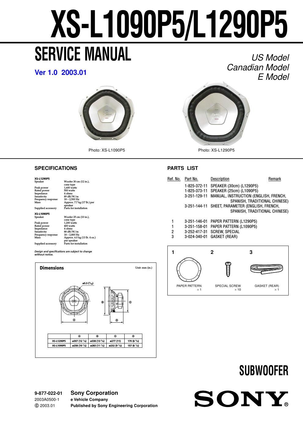 sony xs l 1090 p 5 service manual