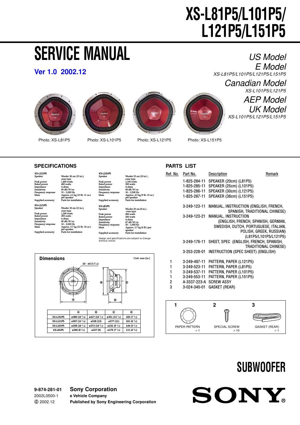 sony xs l 121 p 5 service manual