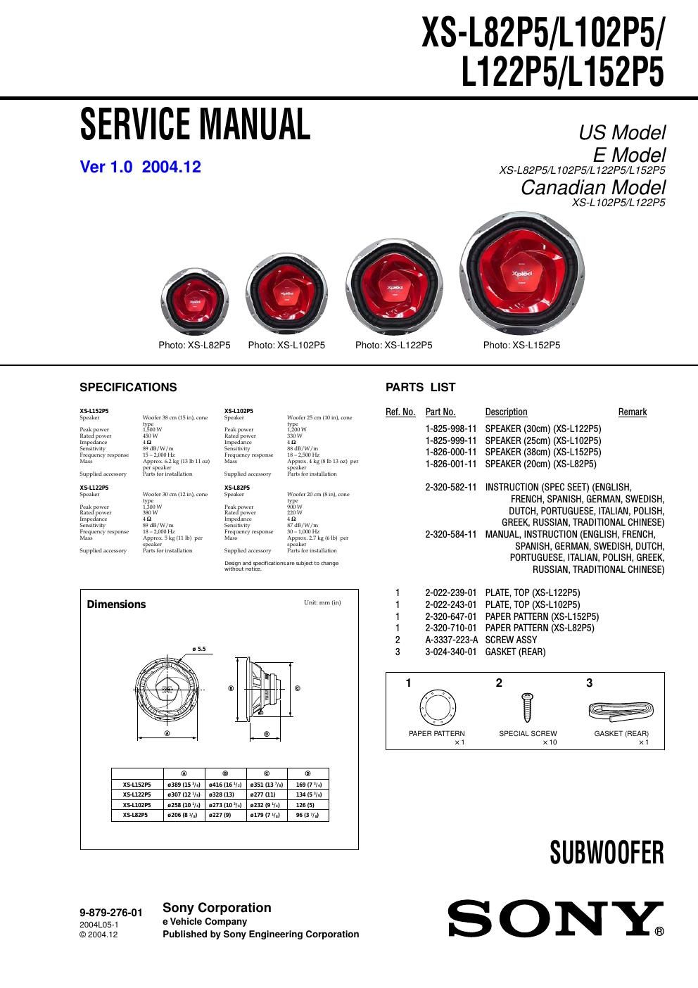 sony xs l 82 p 5 service manual