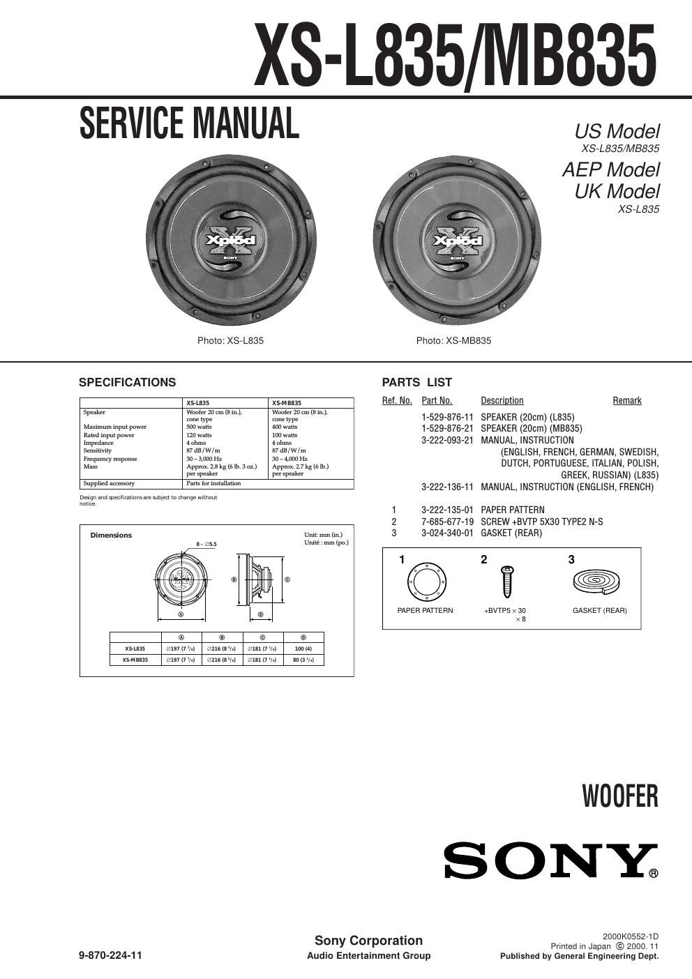 sony xs l 835 service manual