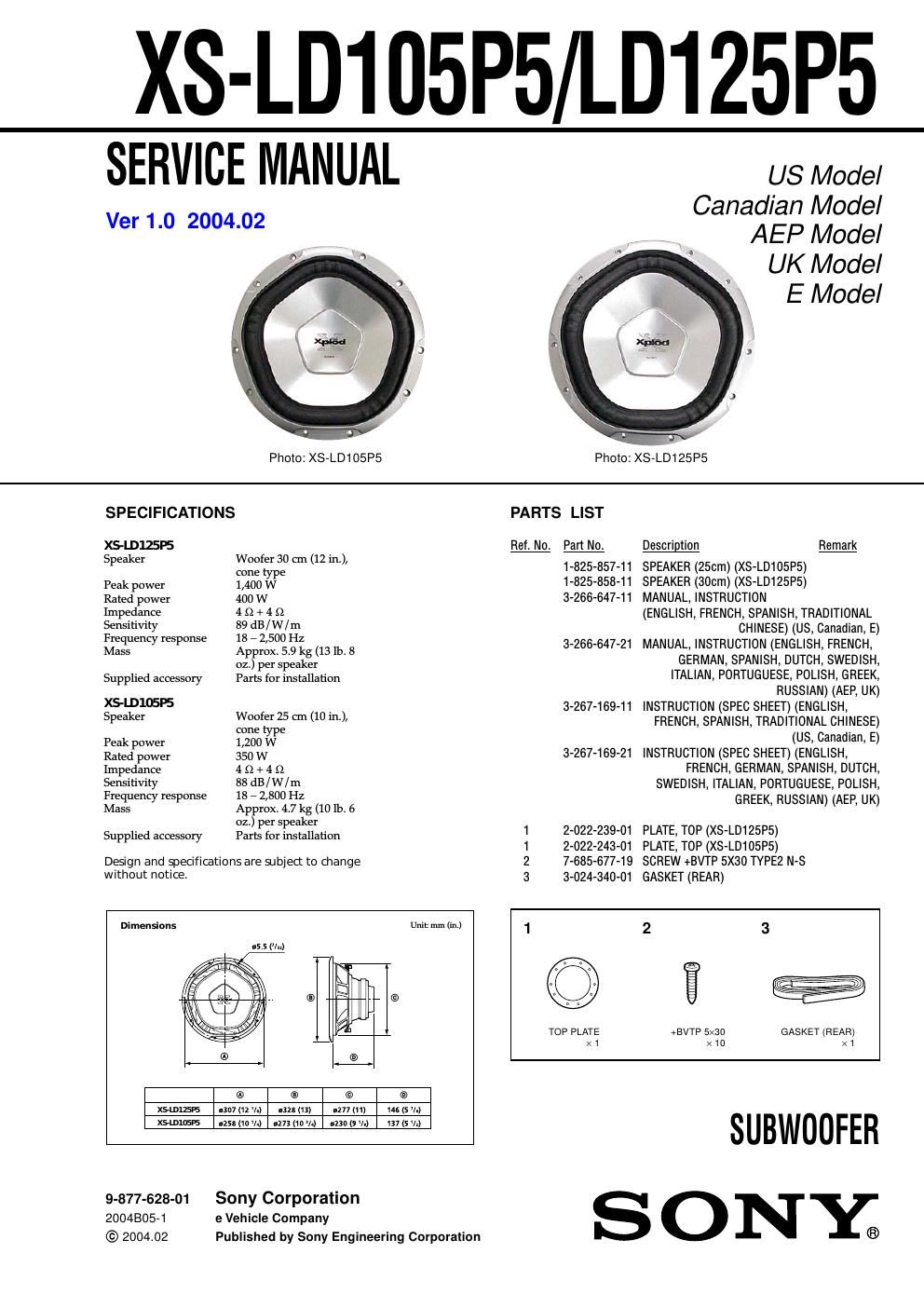 sony xs ld 105 p 5 service manual