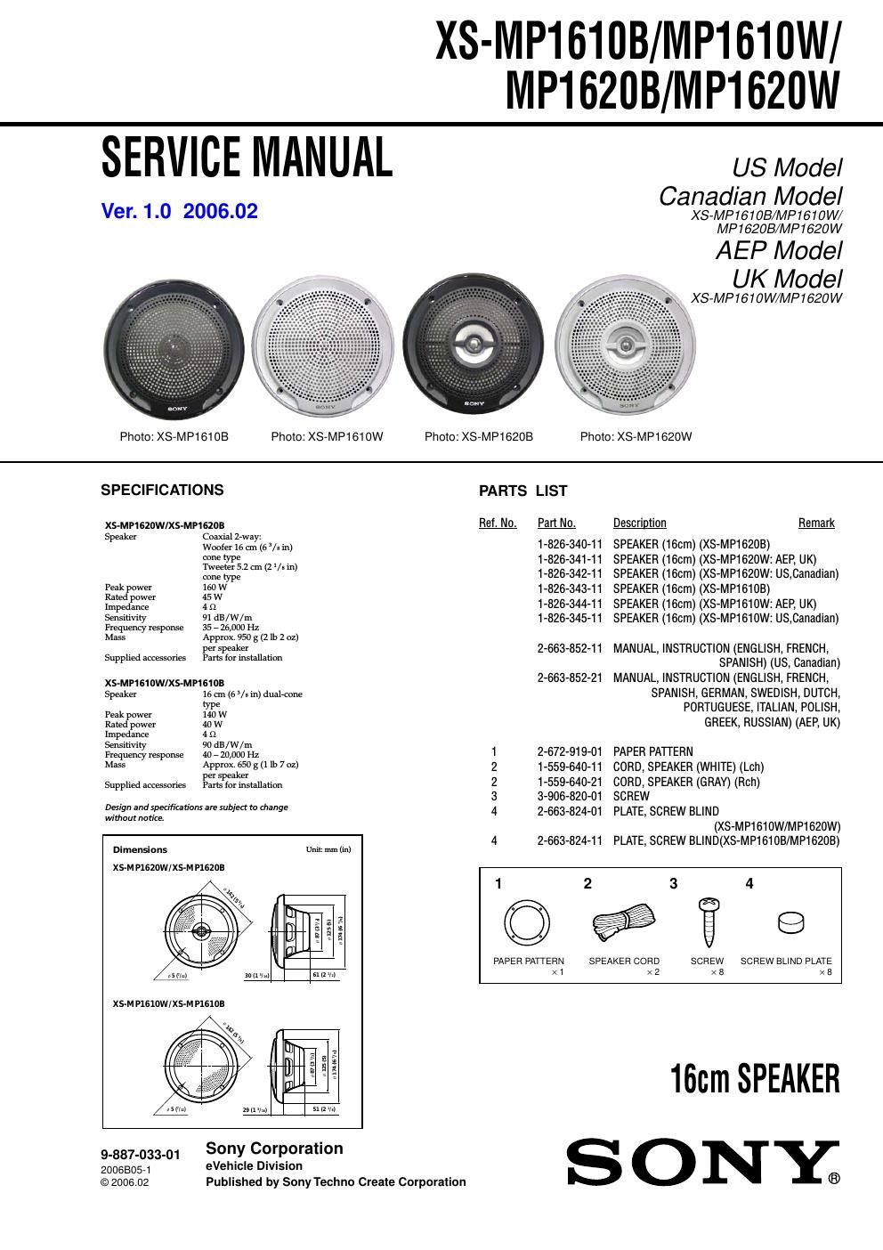 sony xs mp 1610 w service manual