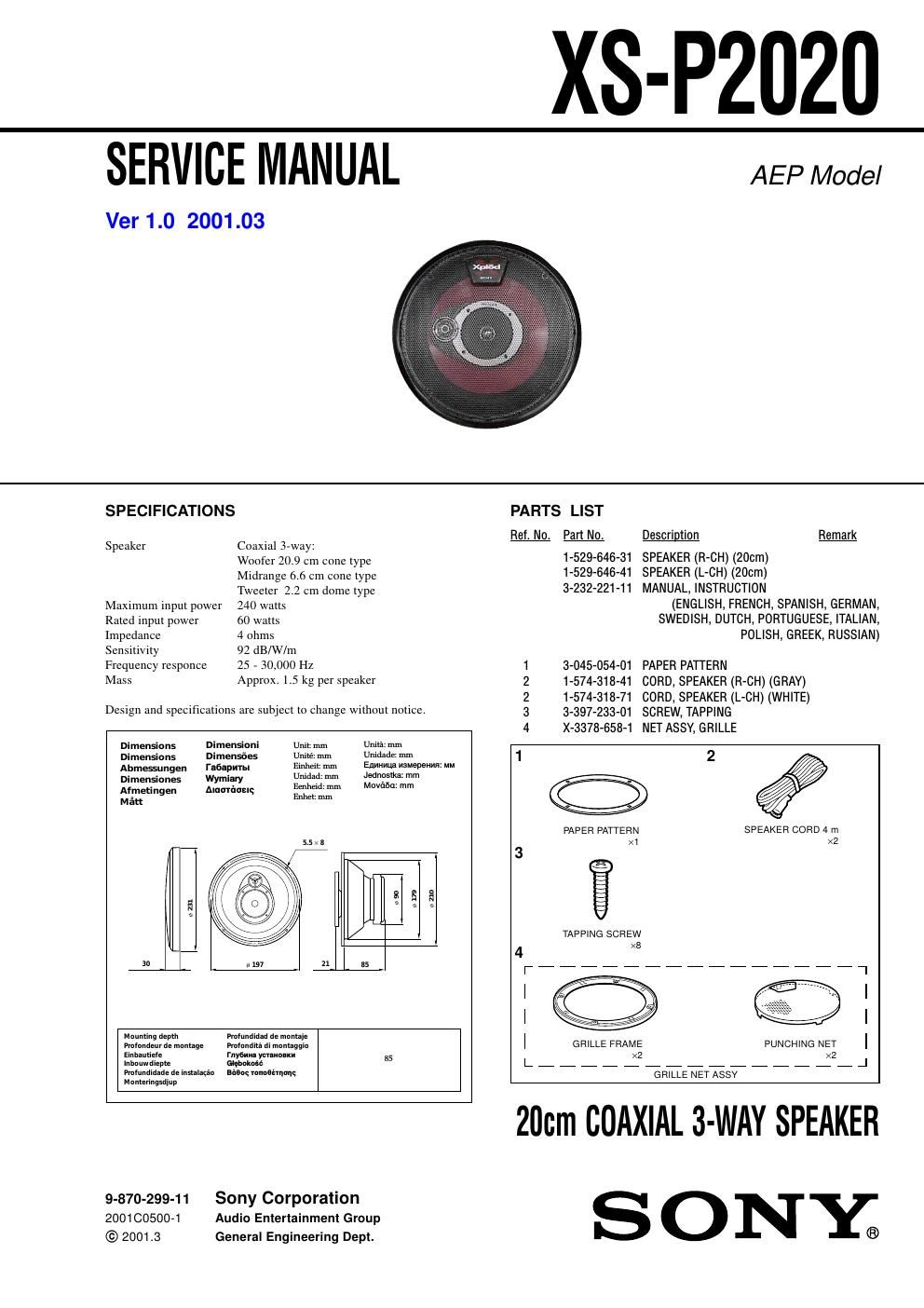 sony xs p 2020 service manual