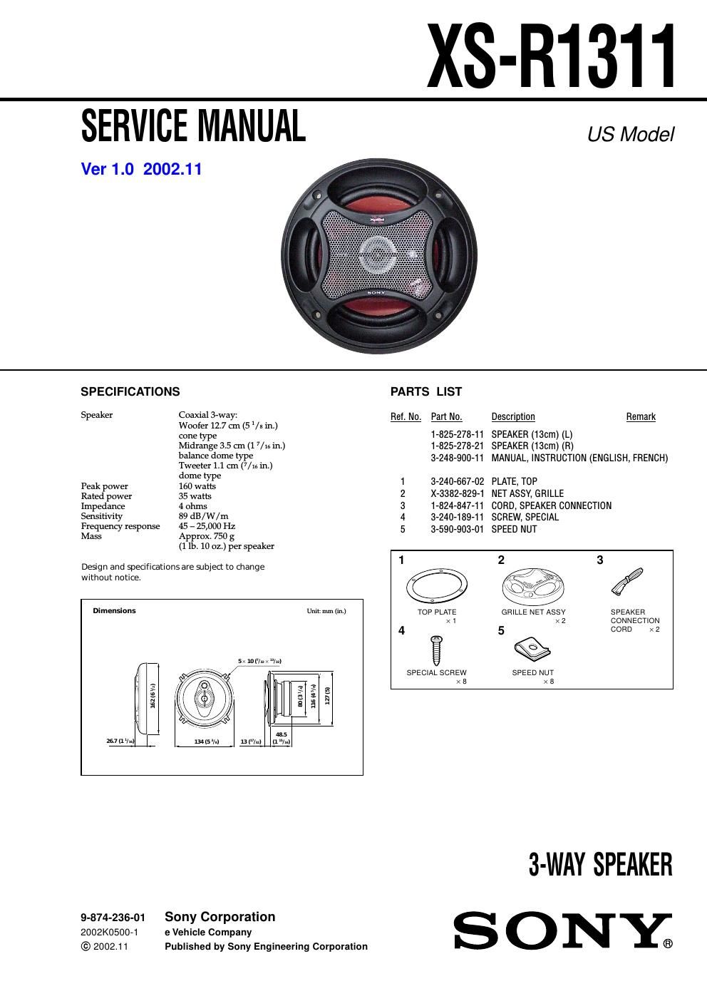 sony xs r 1311 service manual