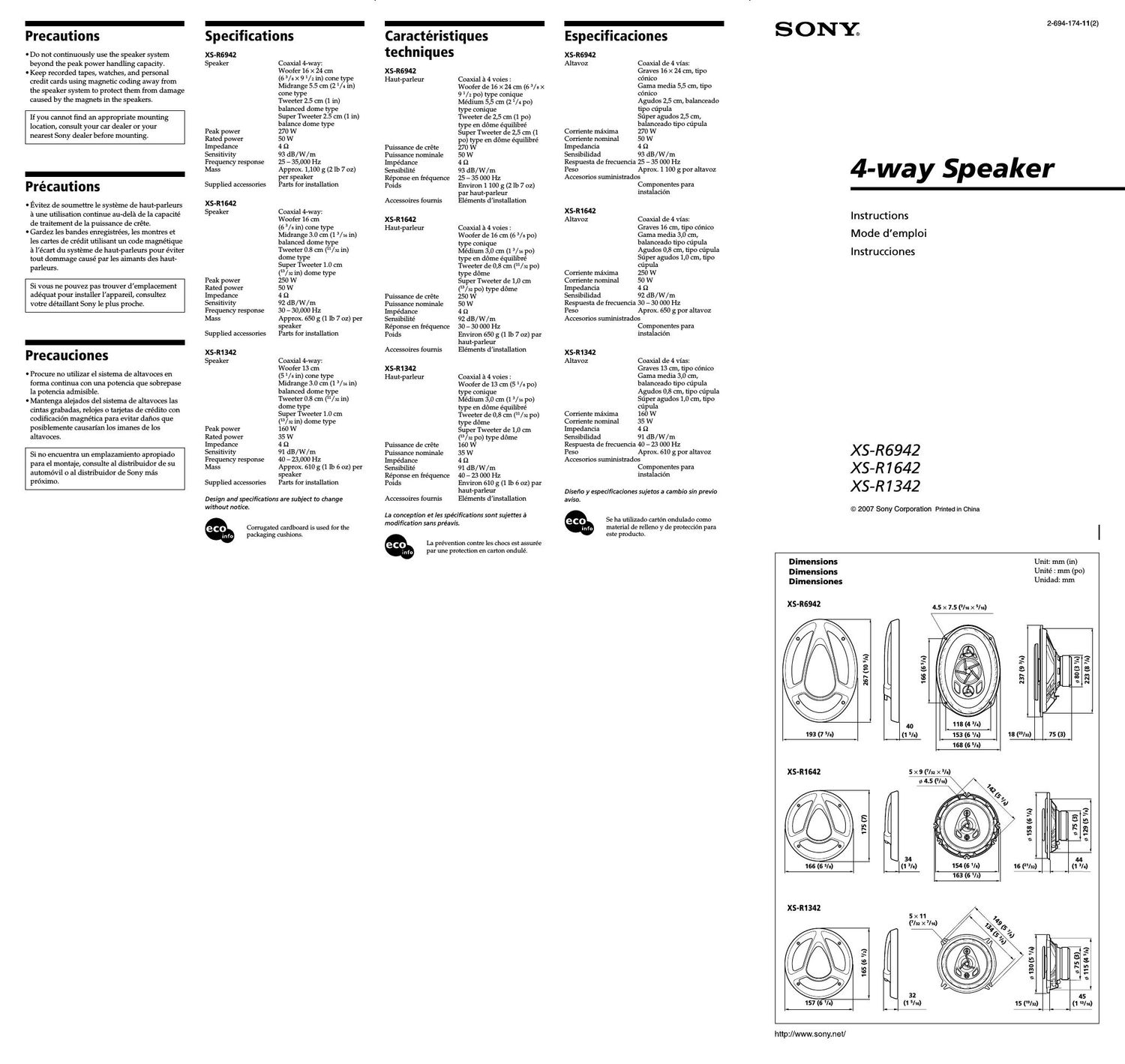 sony xs r 1342 owners manual