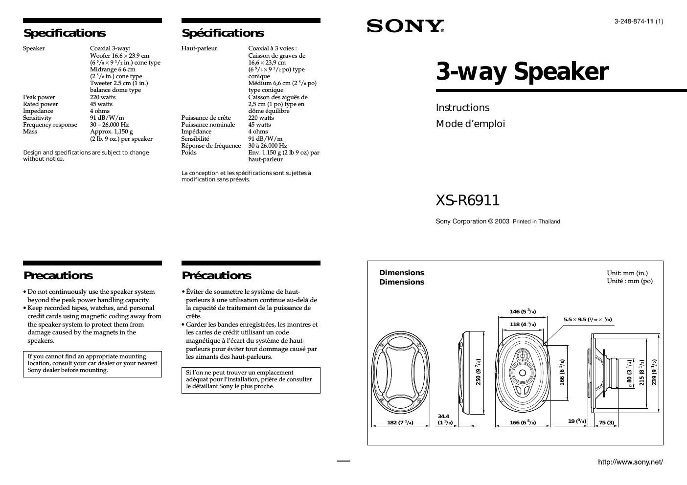 sony xs r 6911 owners manual