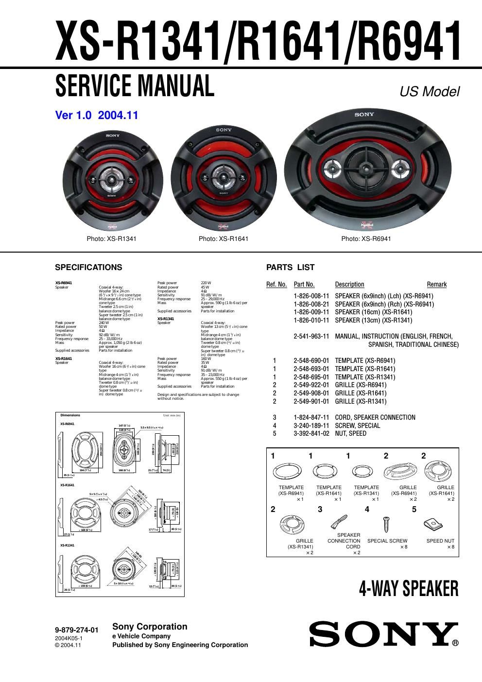 sony xs r 6941 service manual