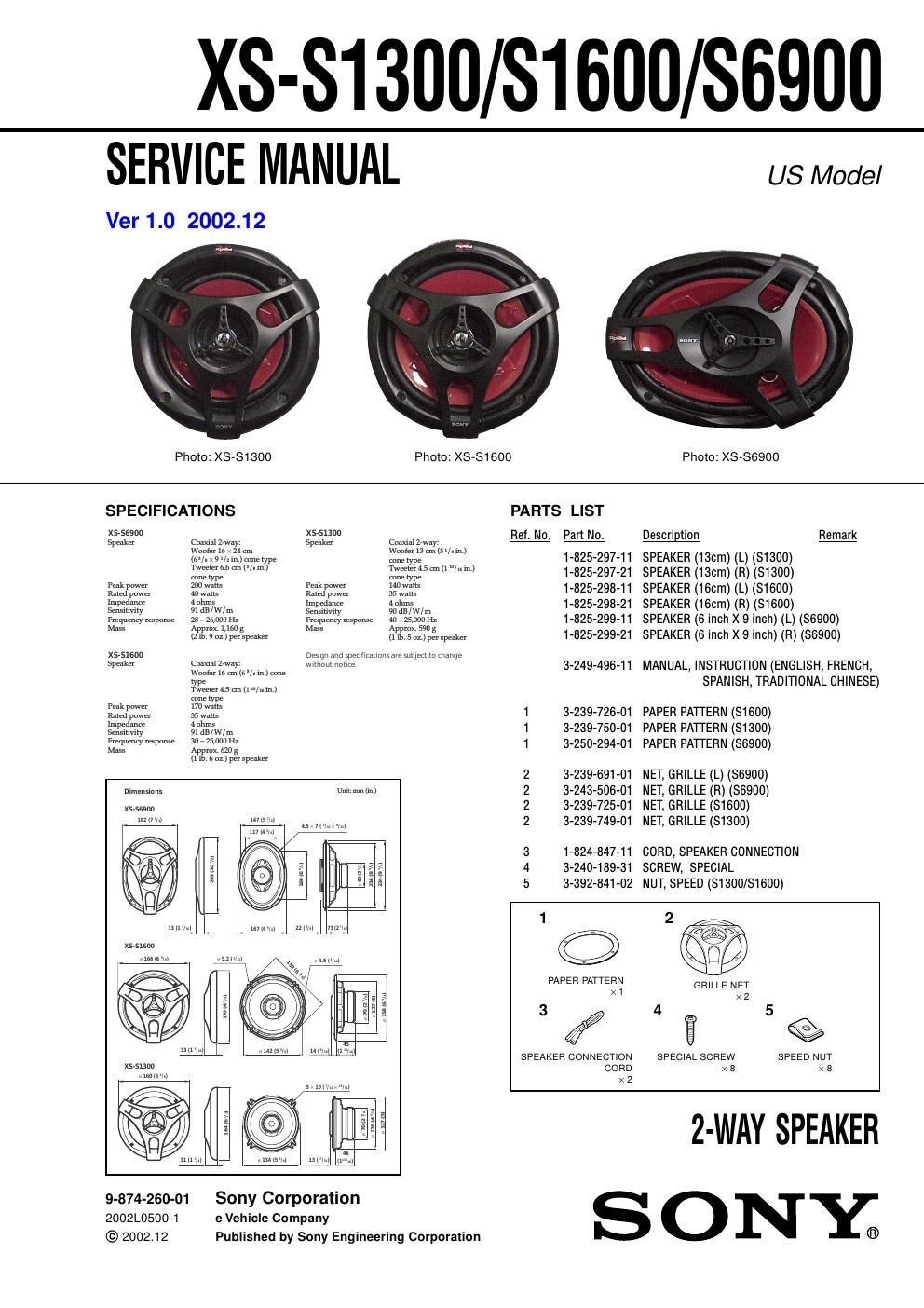 sony xs s 1600 service manual