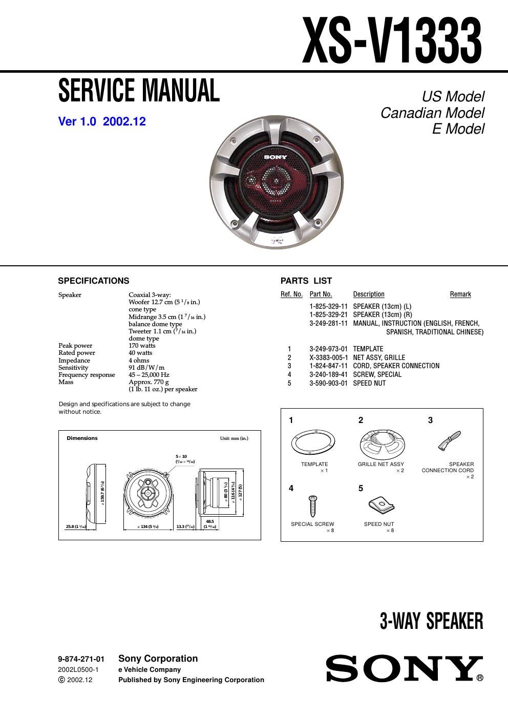 sony xs v 1333 service manual