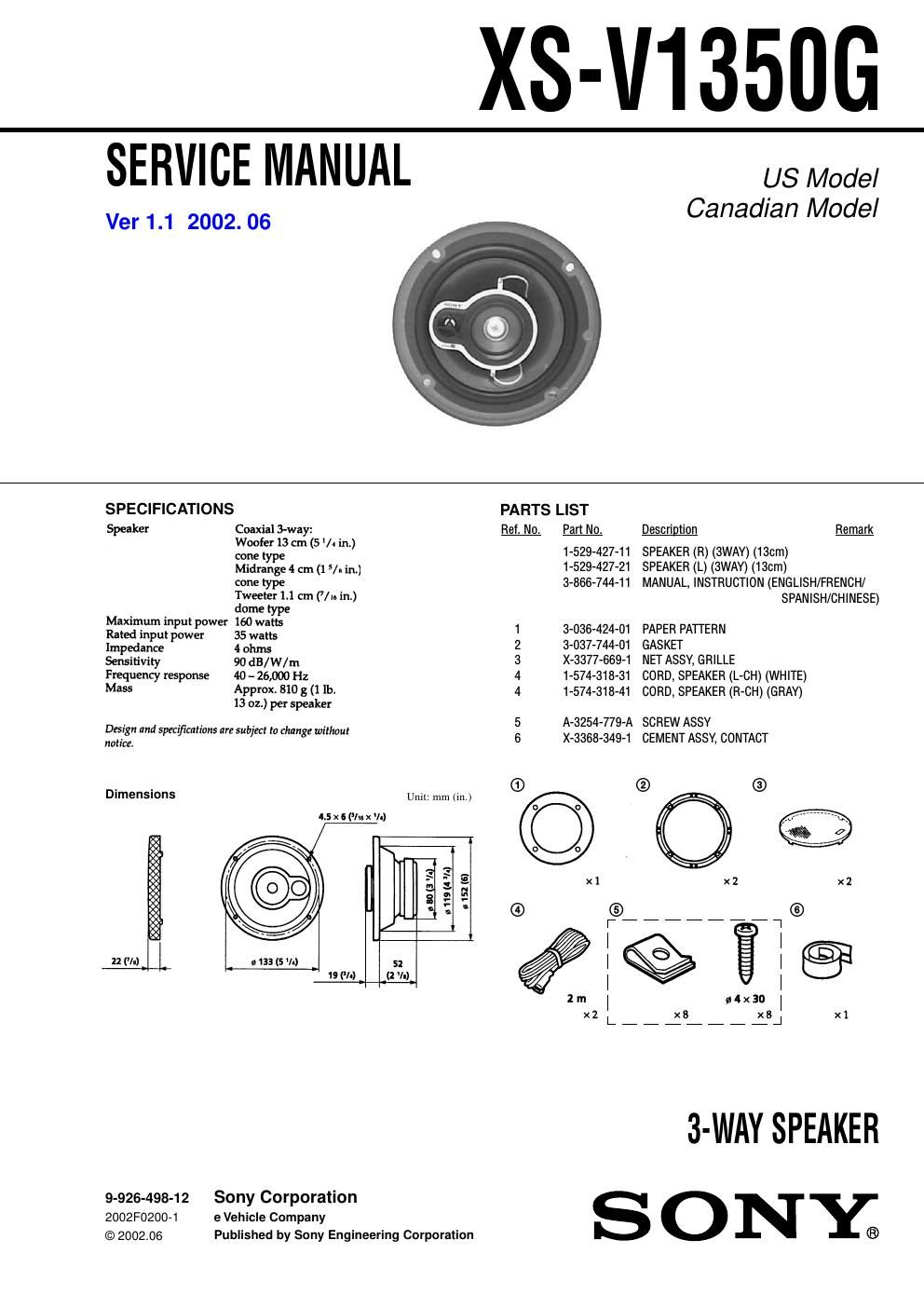 sony xs v 1350 g service manual