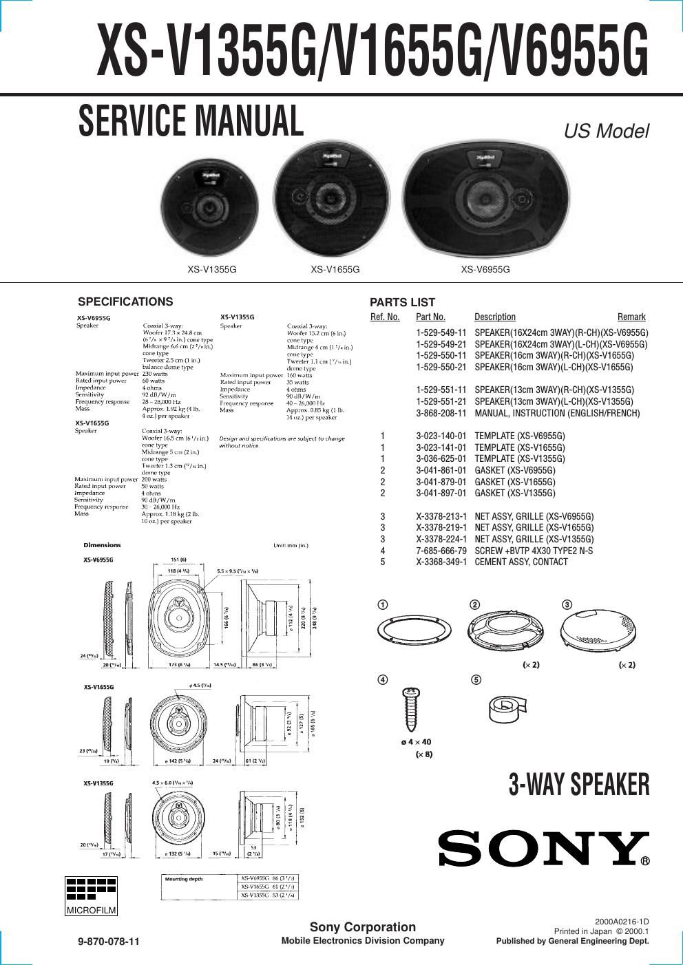 sony xs v 1355 g service manual