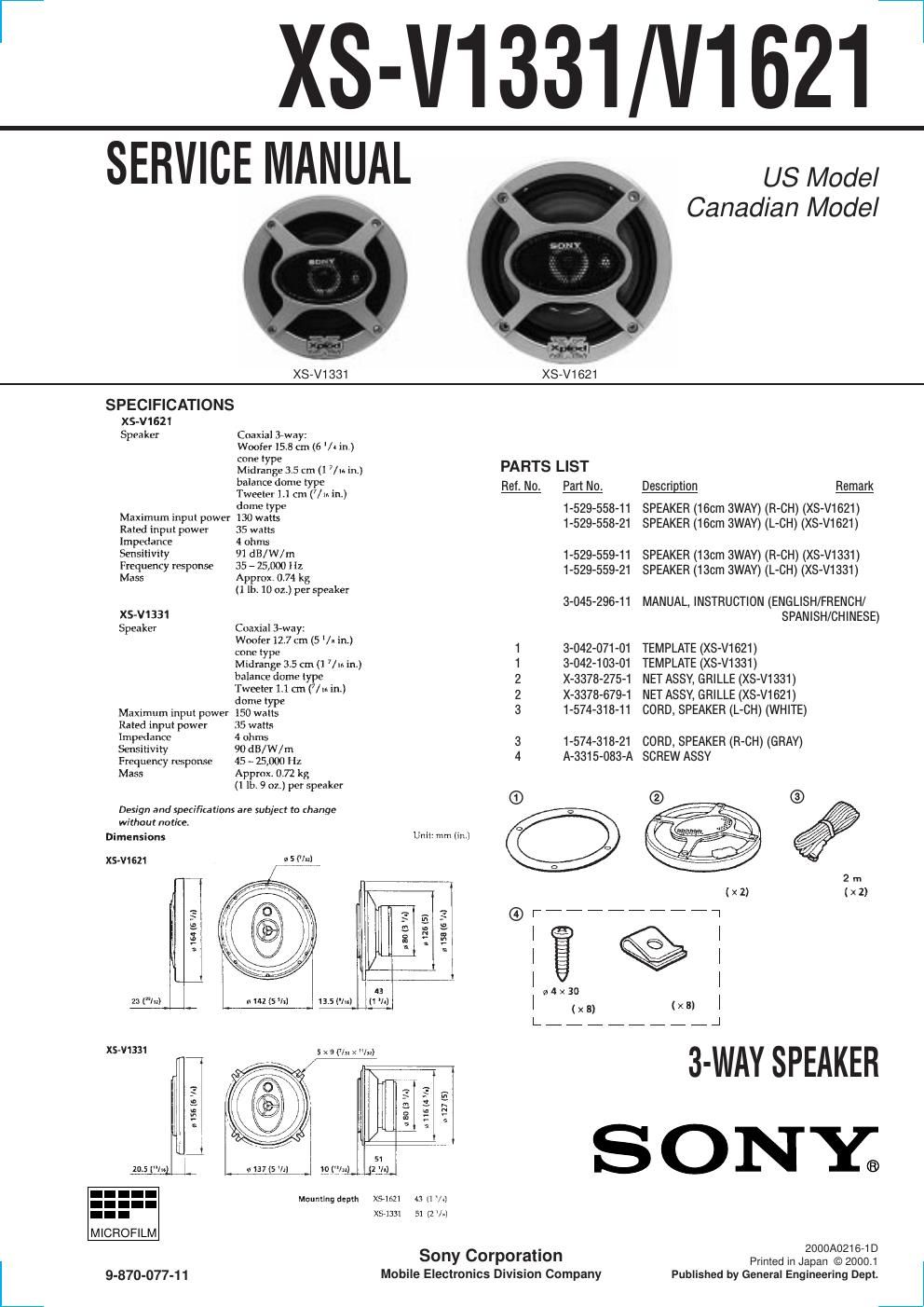 sony xs v 1621 service manual