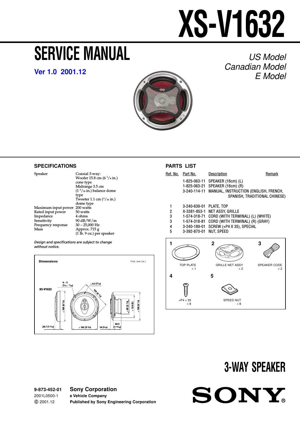 sony xs v 1632 service manual