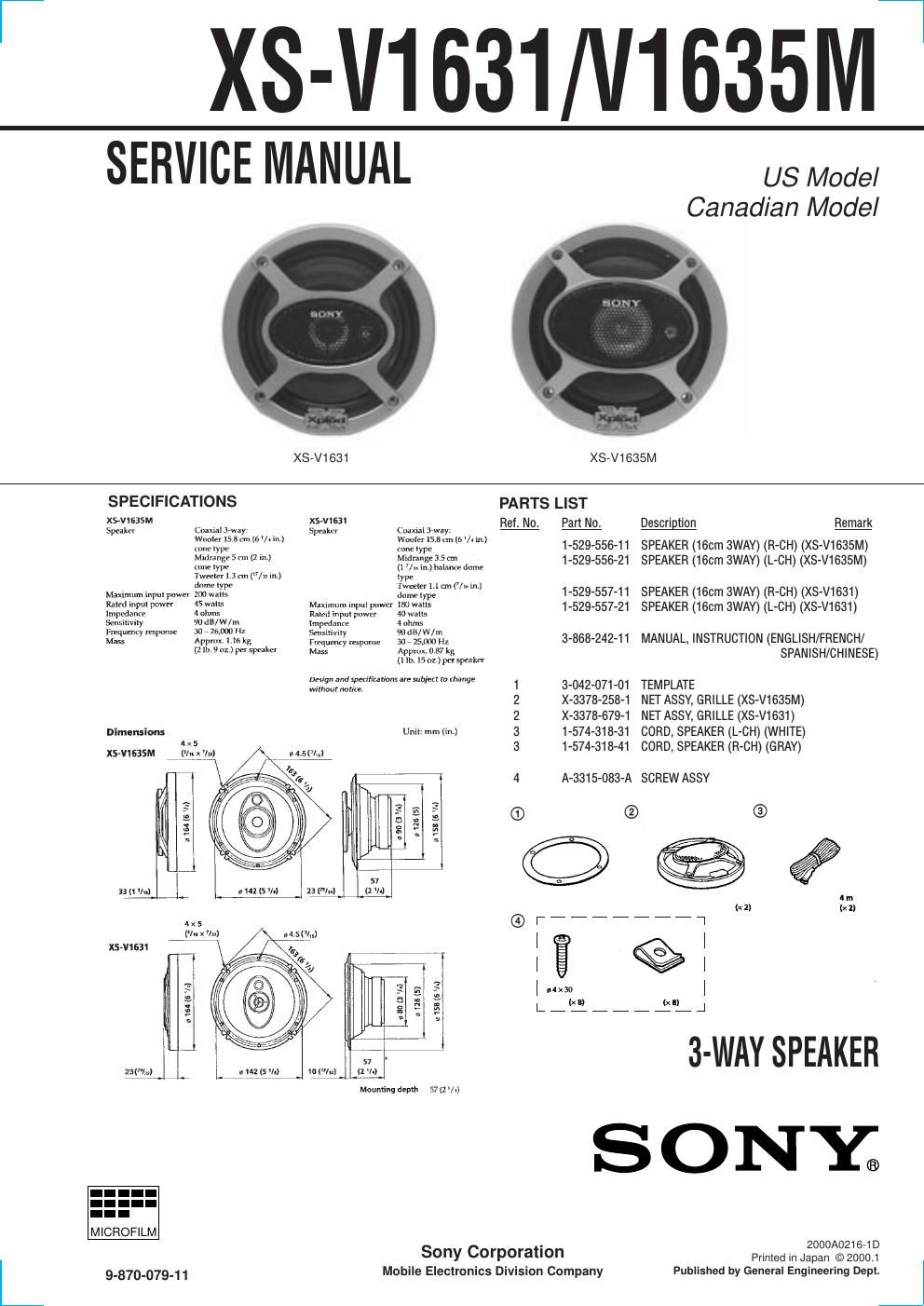 sony xs v 1635 m service manual