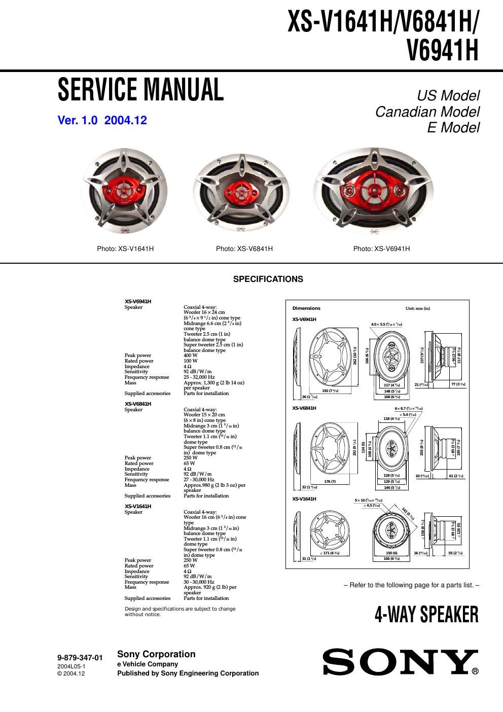 sony xs v 1641 h service manual