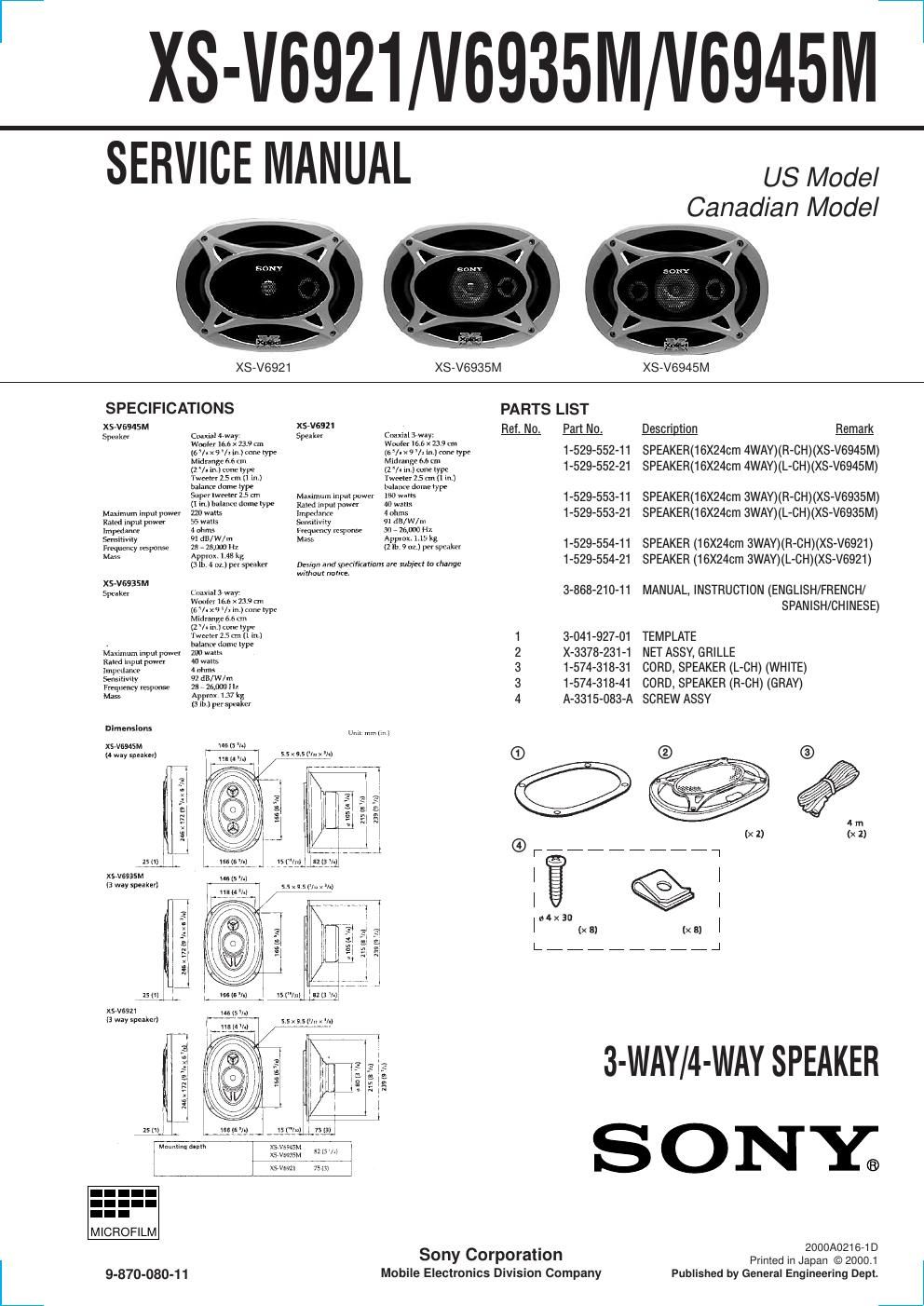 sony xs v 6921 service manual