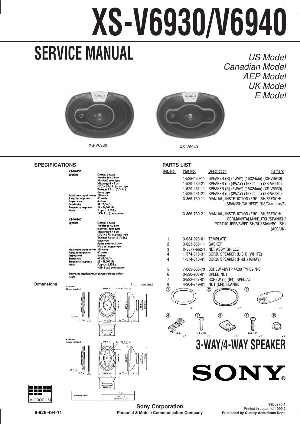 sony xs v 6930 service manual