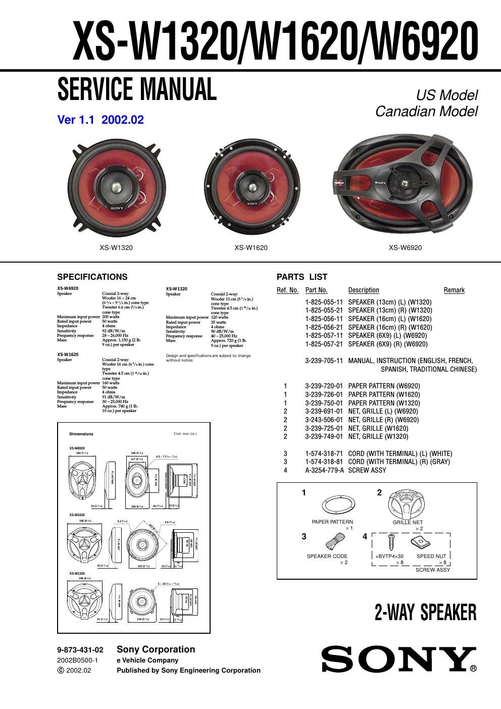 sony xs w 1620 service manual