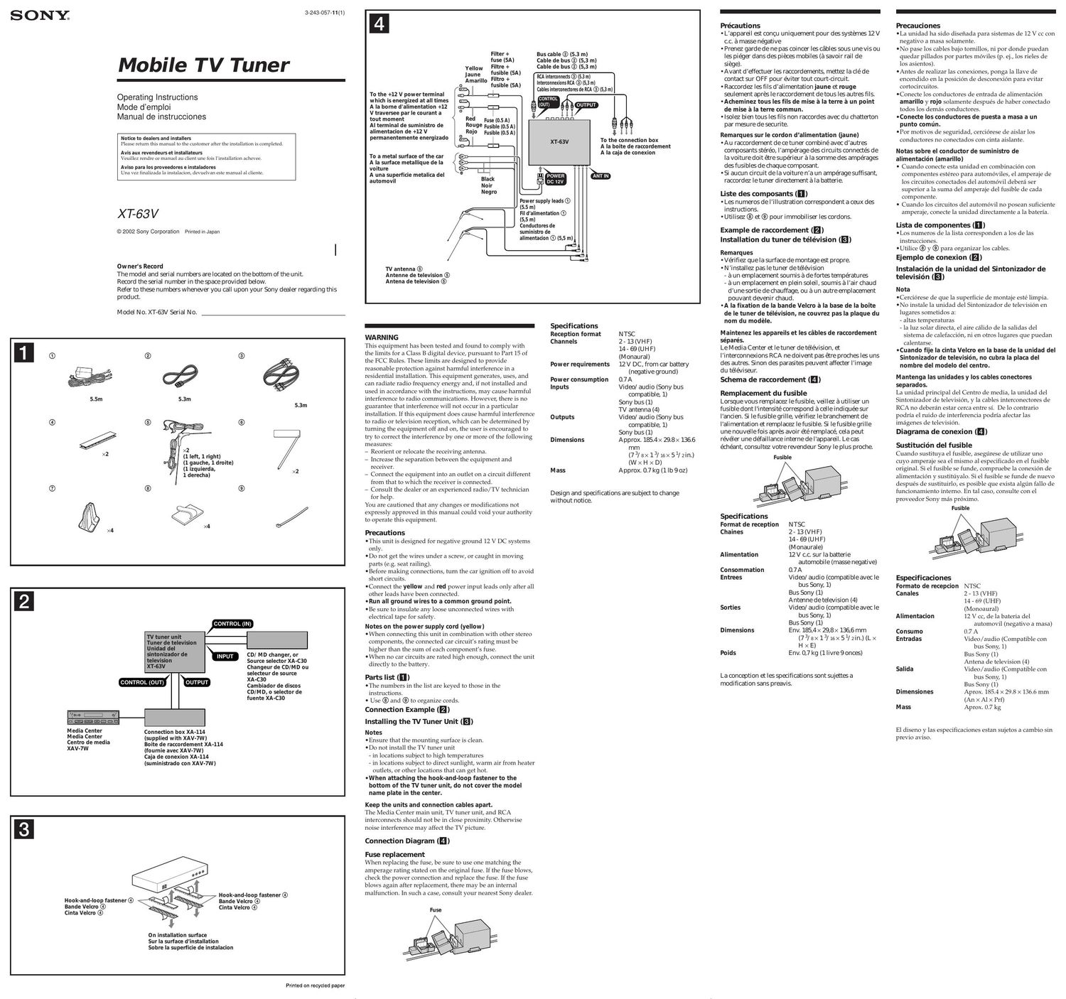 sony xt 63 v owners manual