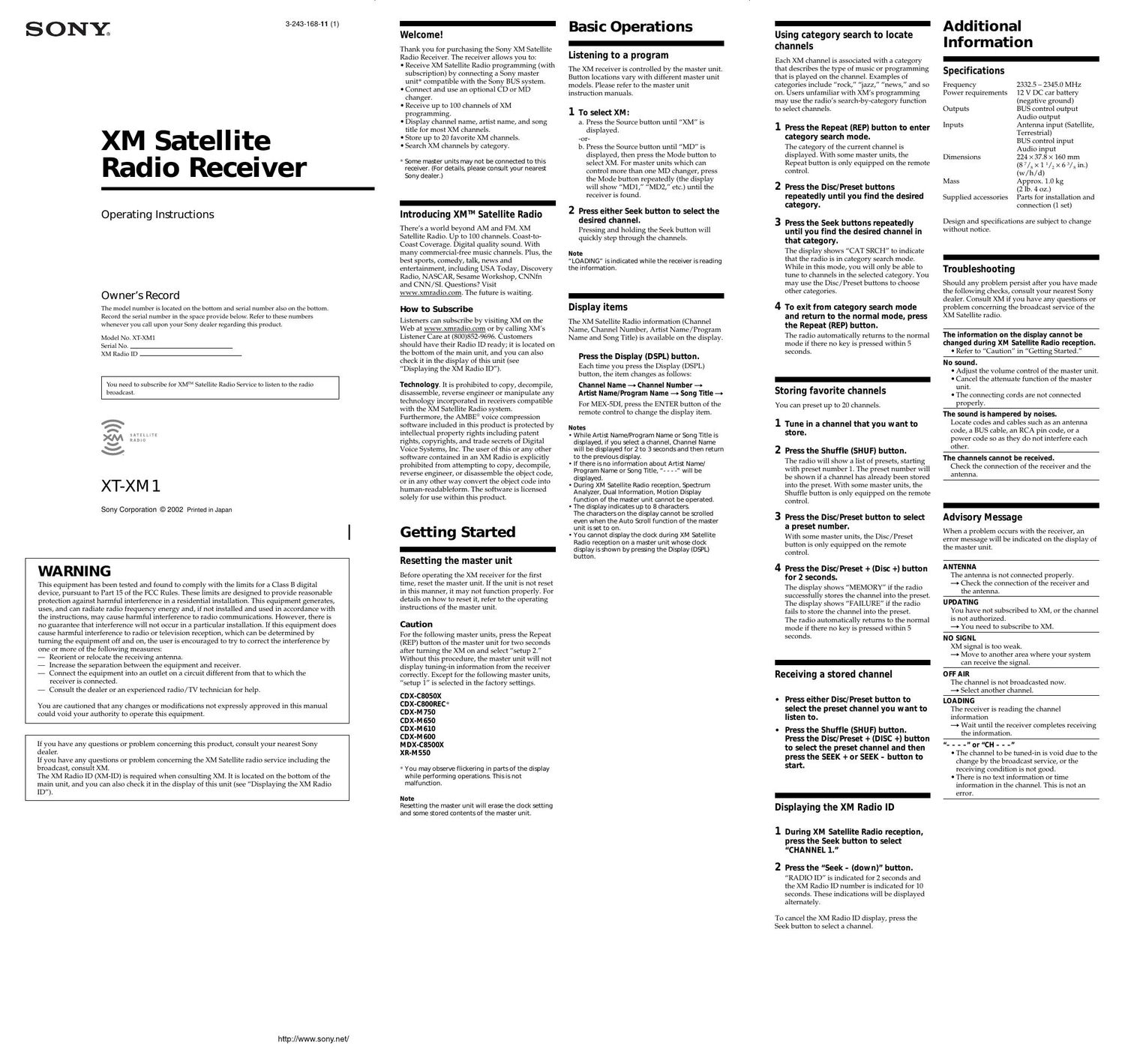 sony xt xm 1 owners manual