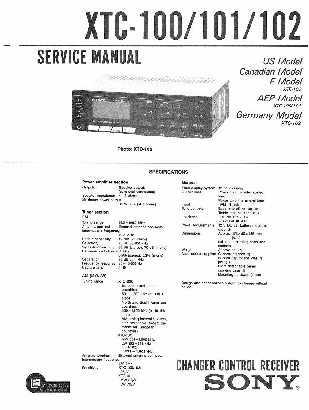 sony xtc 102 service manual