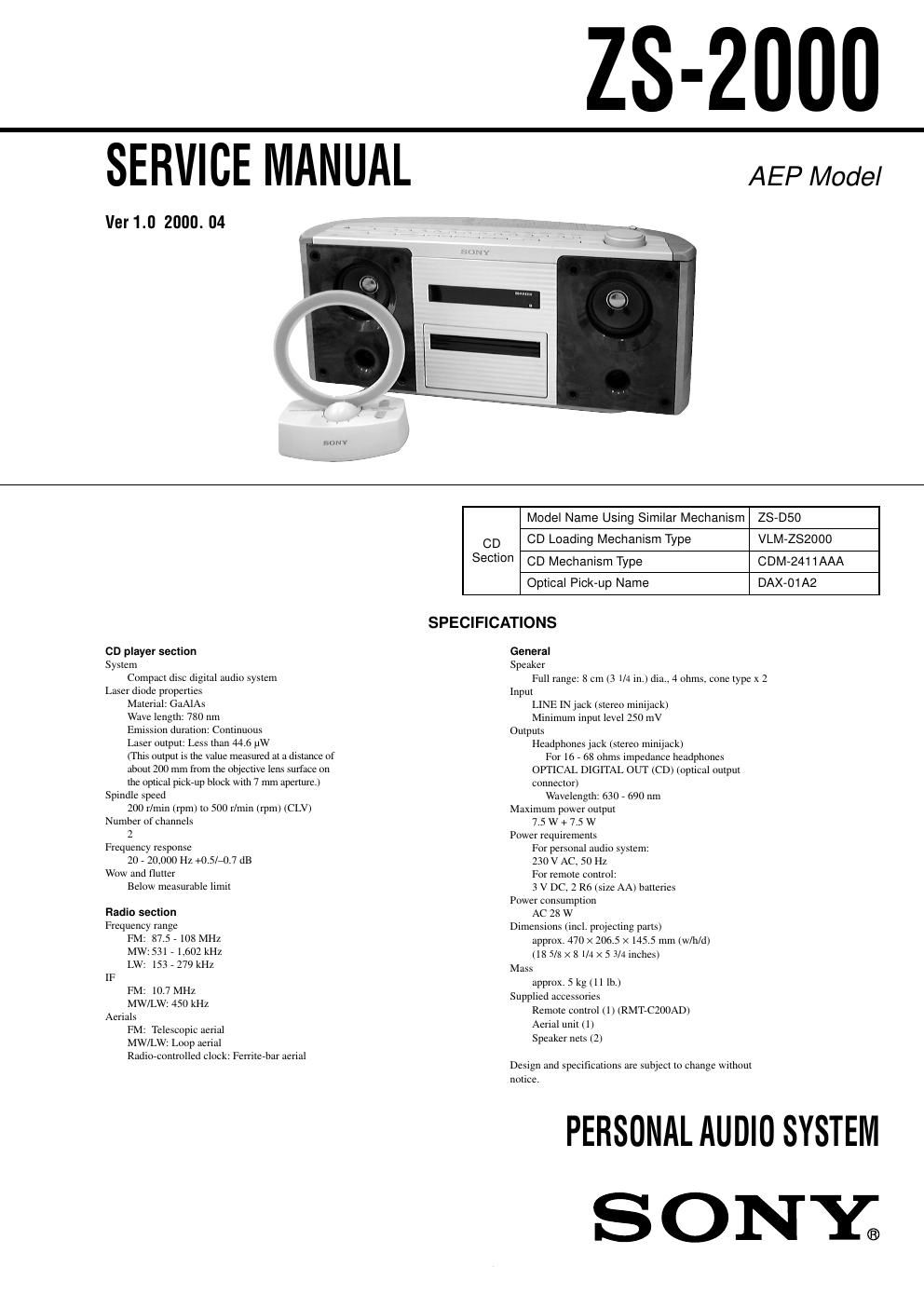 sony zs 2000 service manual