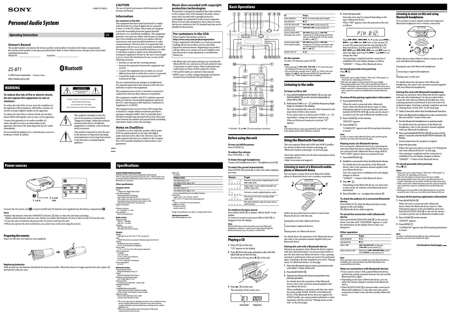 sony zs bt 1 owners manual