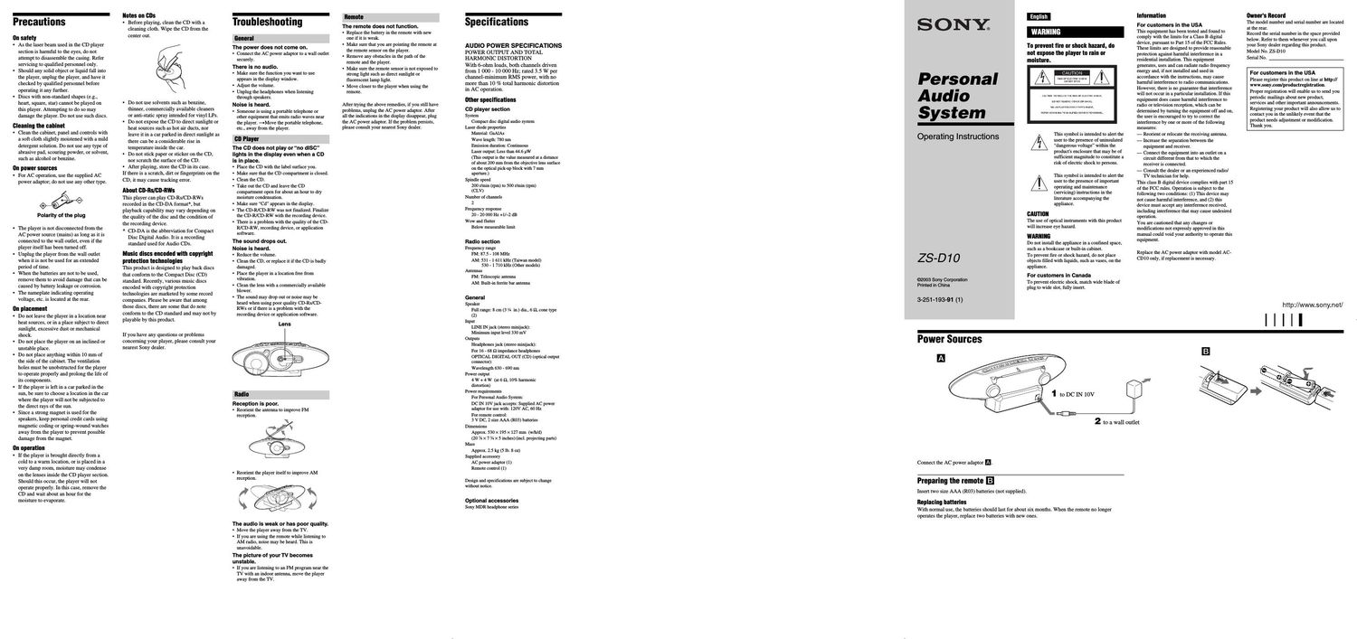 sony zs d 10 owners manual