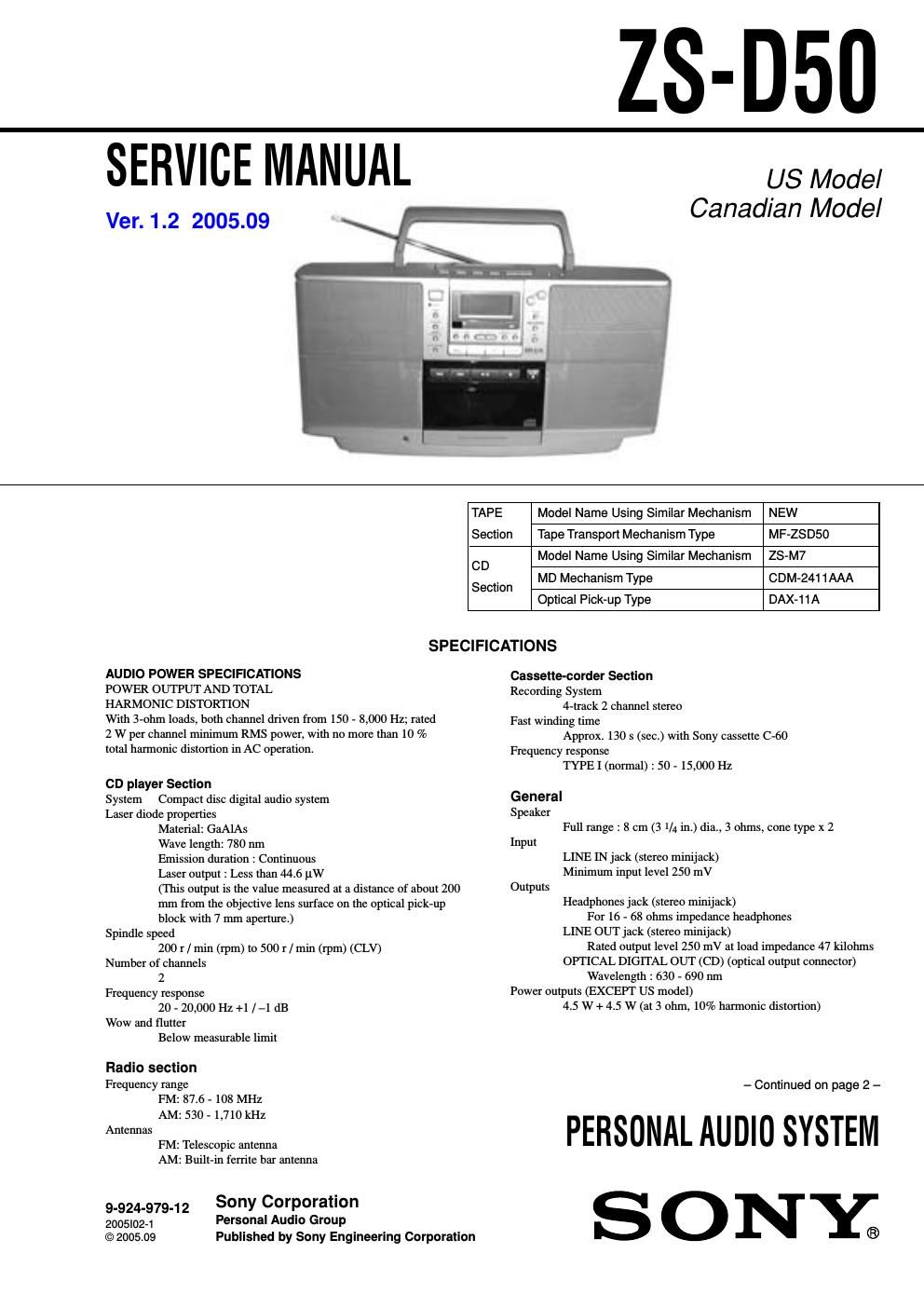 sony zs d 50 service manual