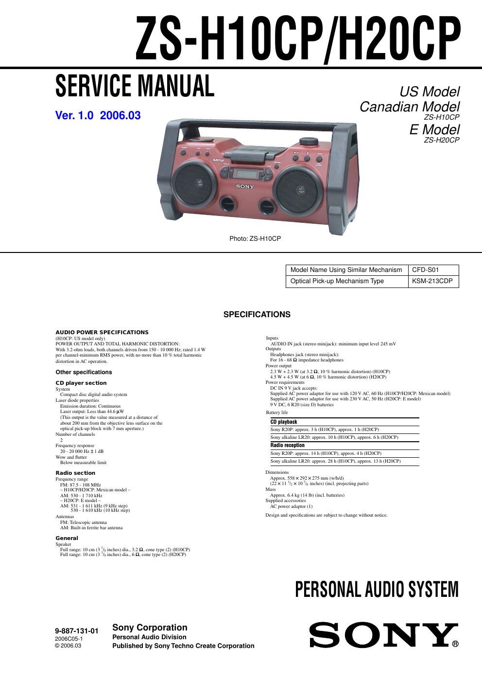 sony zs h 10cp h20cp personal audio system