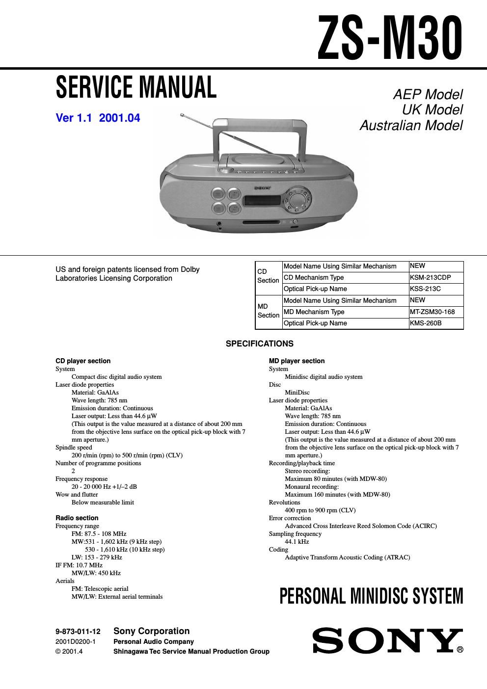 sony zs m 30 service manual