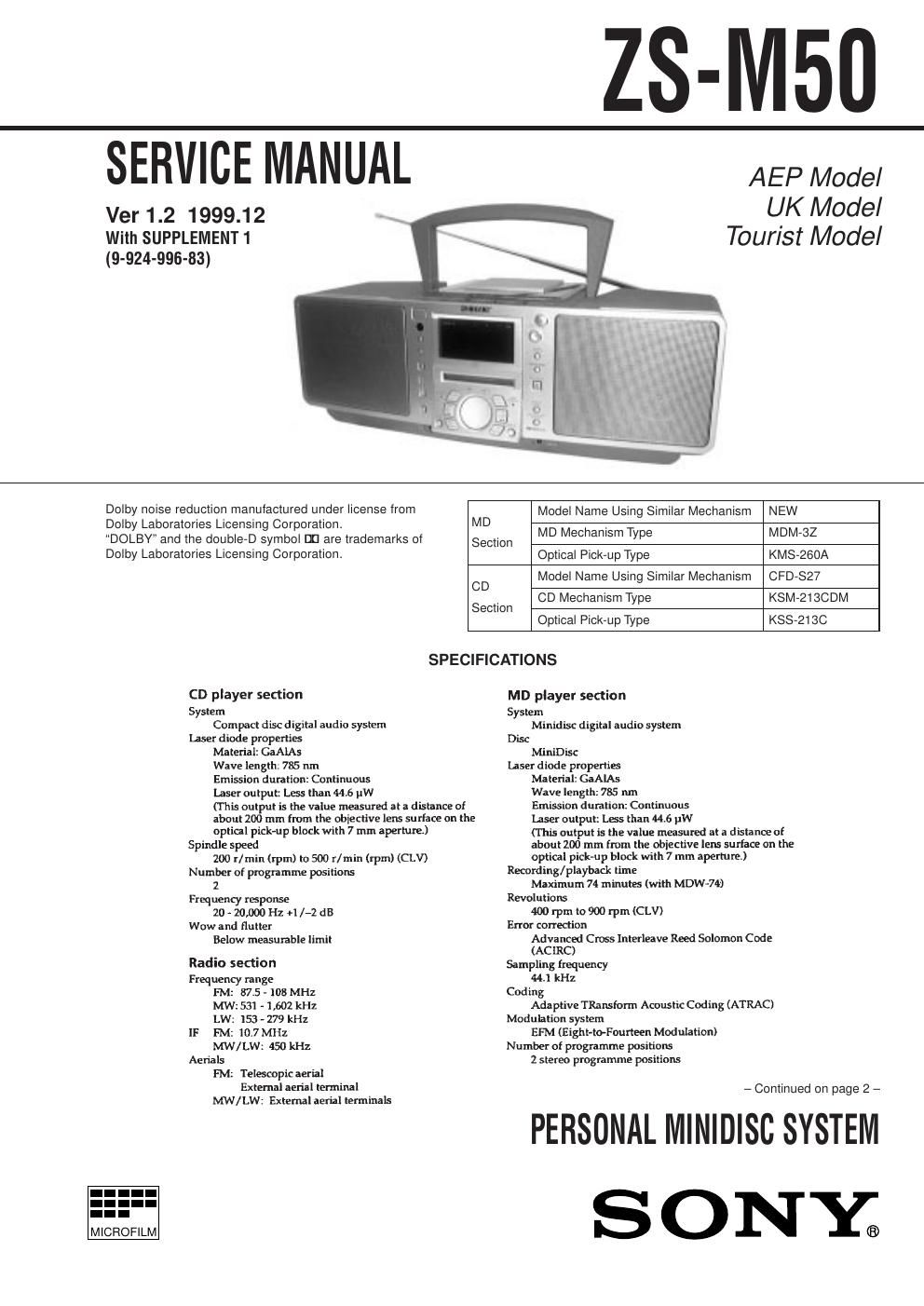 sony zs m 50 service manual