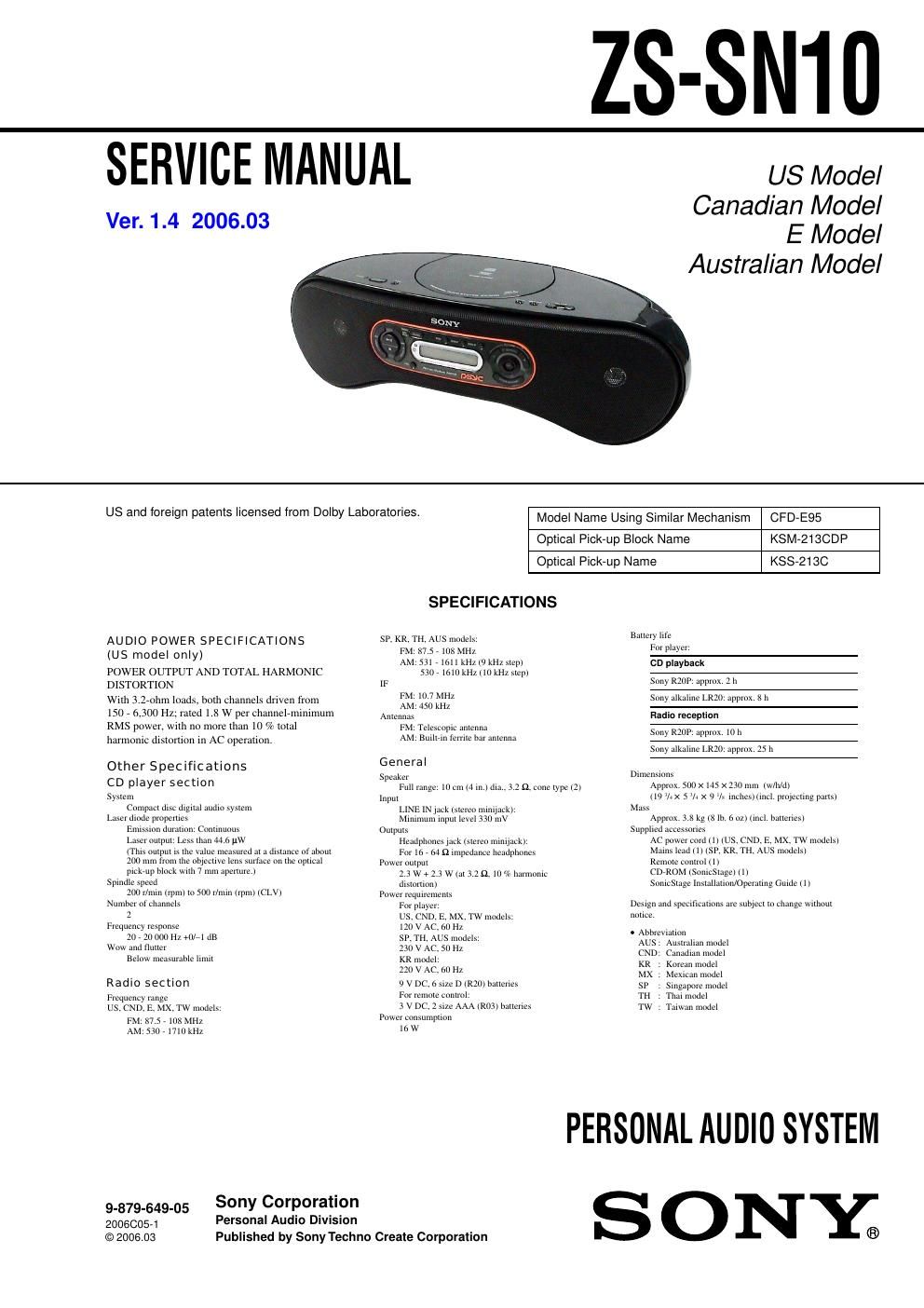 sony zs sn 10 personal audio system