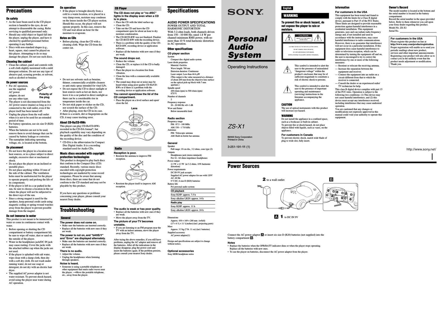 sony zs x 1 owners manual
