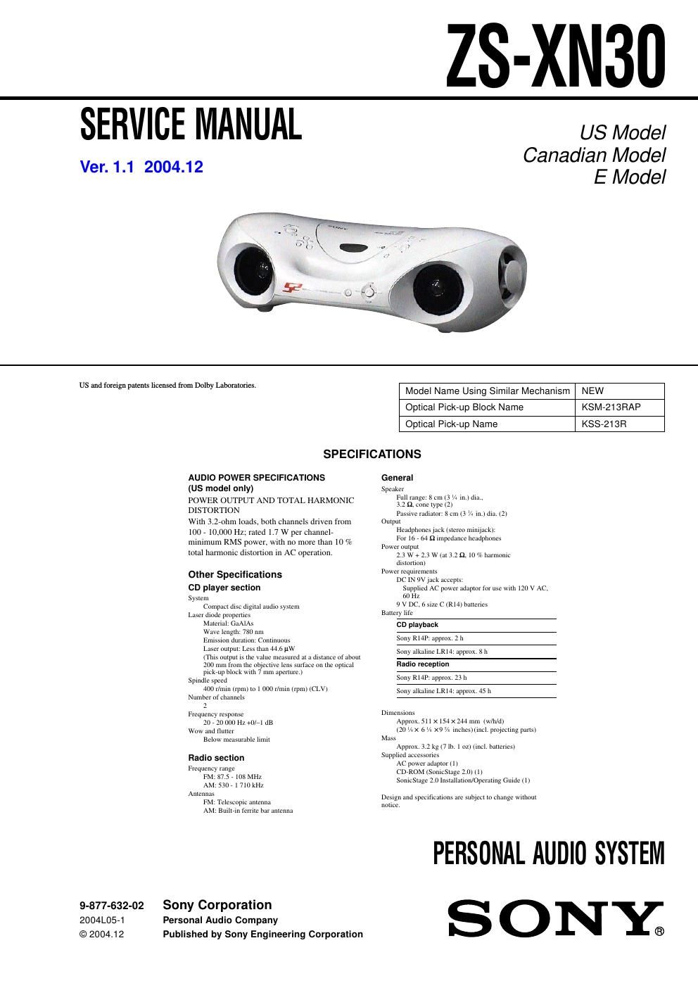 sony zs xn 30 service manual