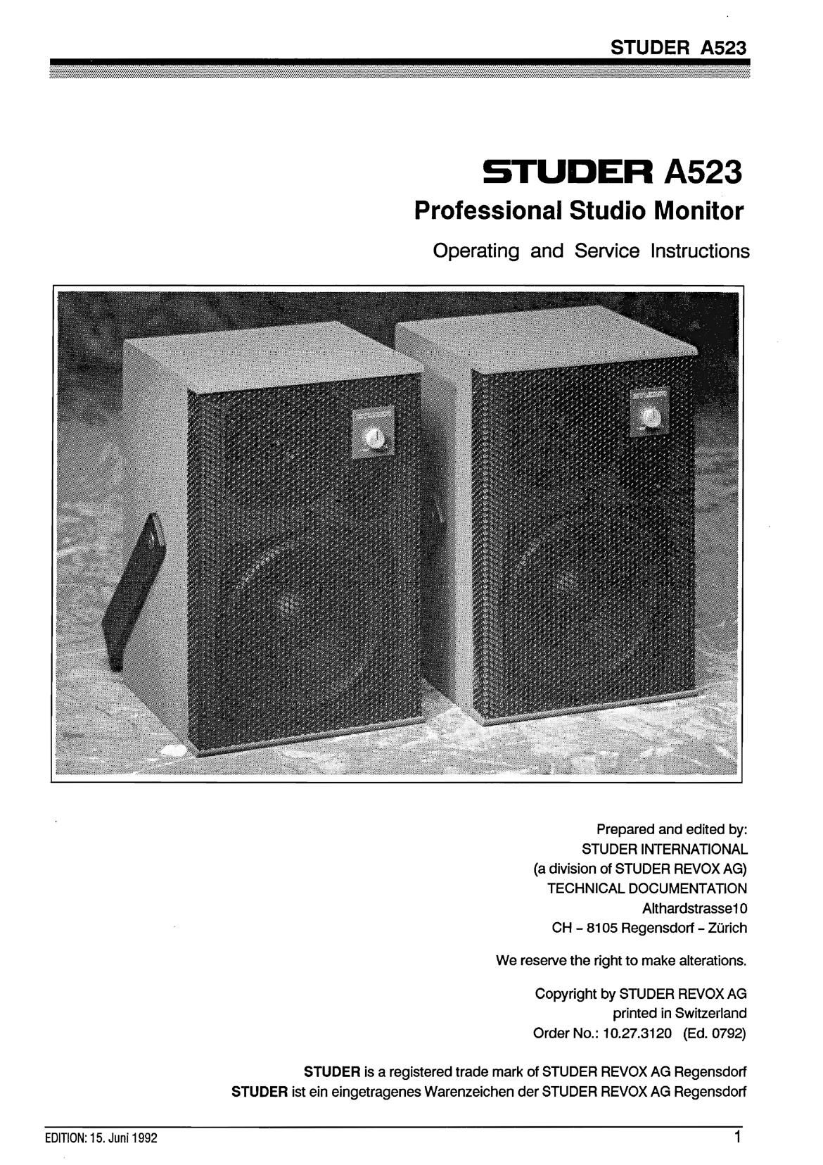 Studer A 523 Service Manual