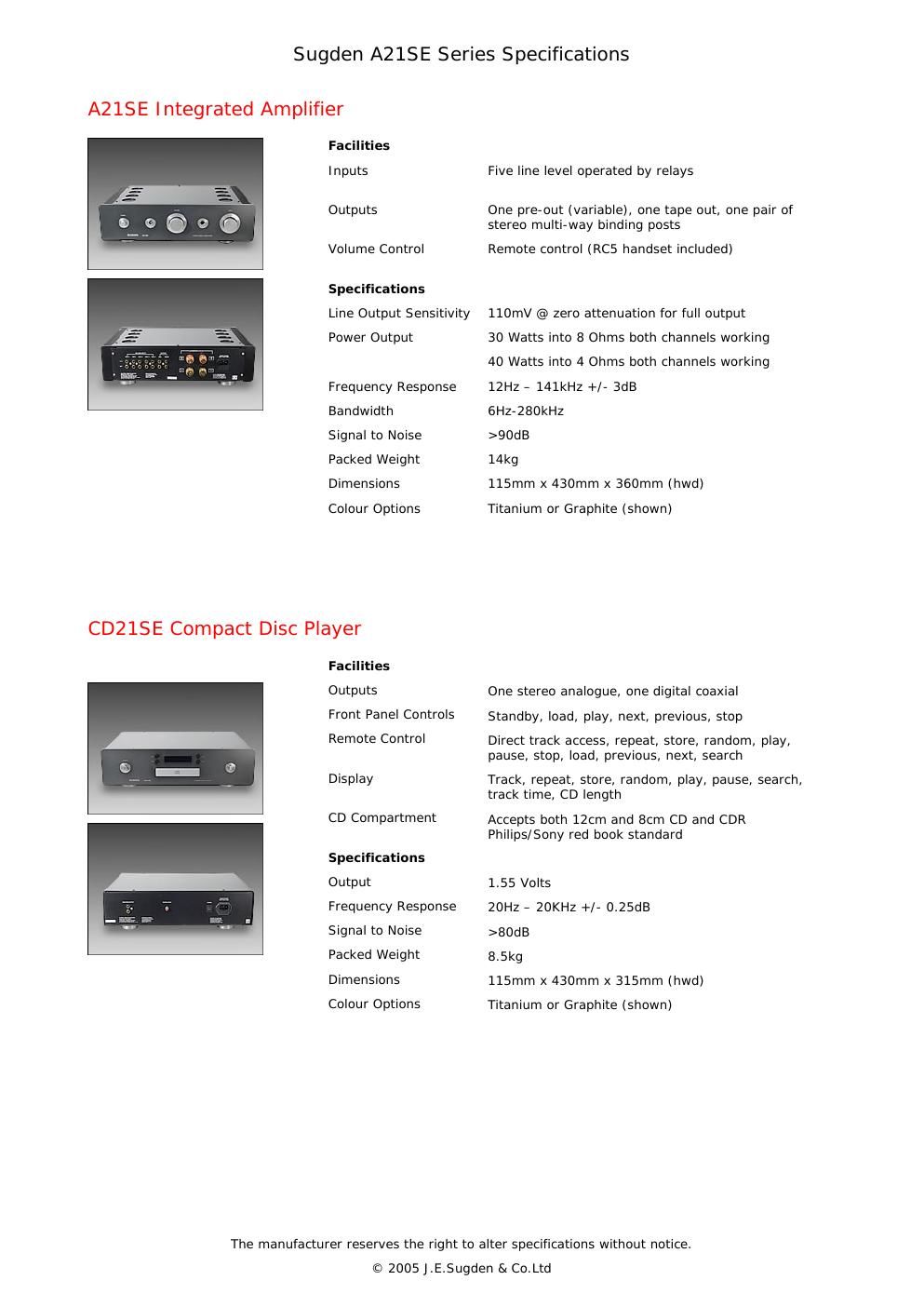 Sugden A21SE Series Specifications