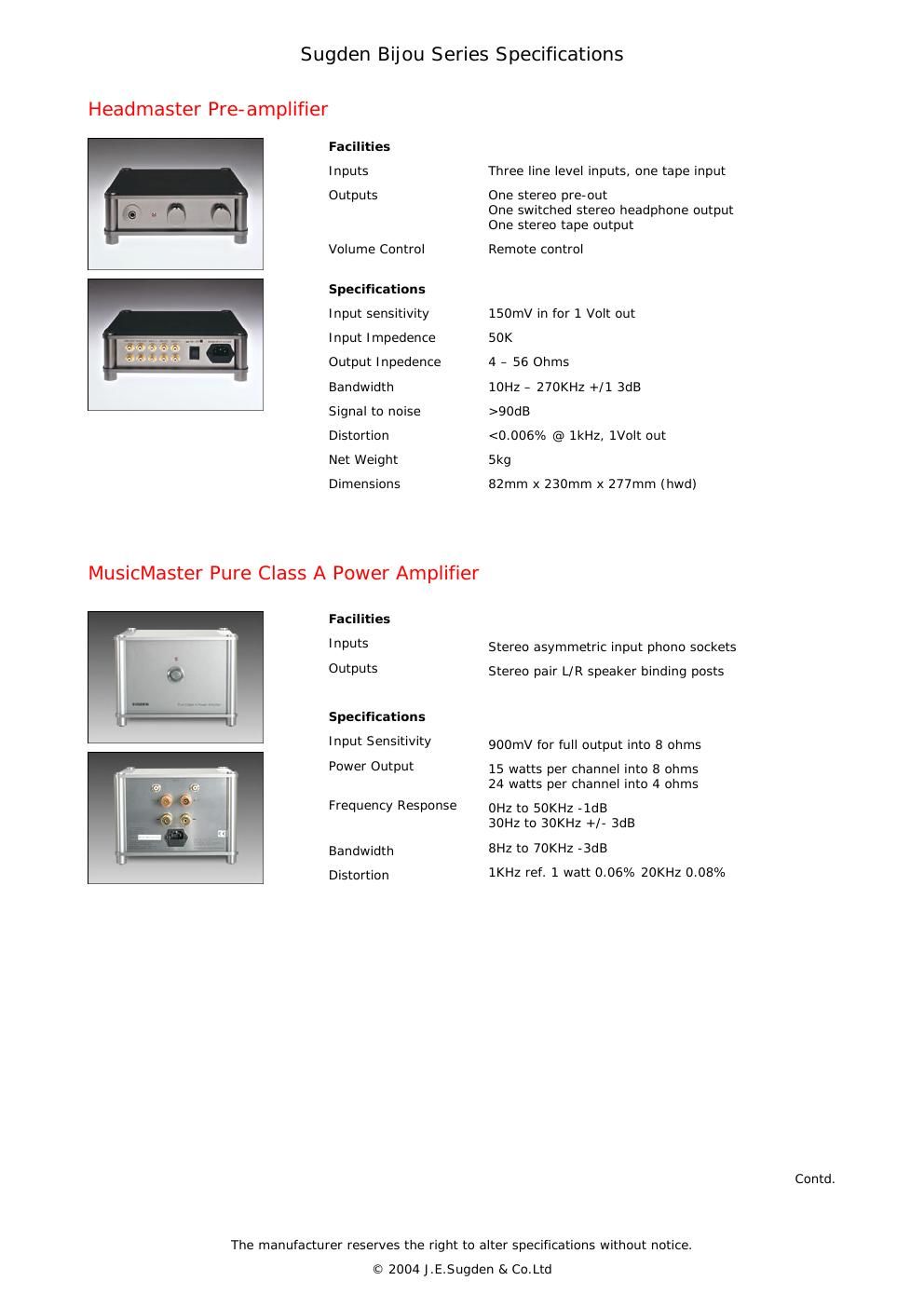 Sugden Bijou Series Specifications