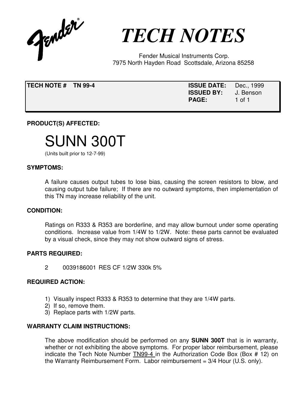 sunn 300t tech note output tube failure