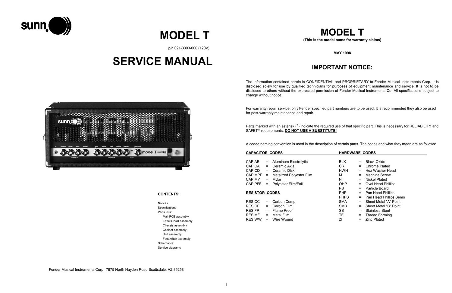 sunn model t re issue service manual