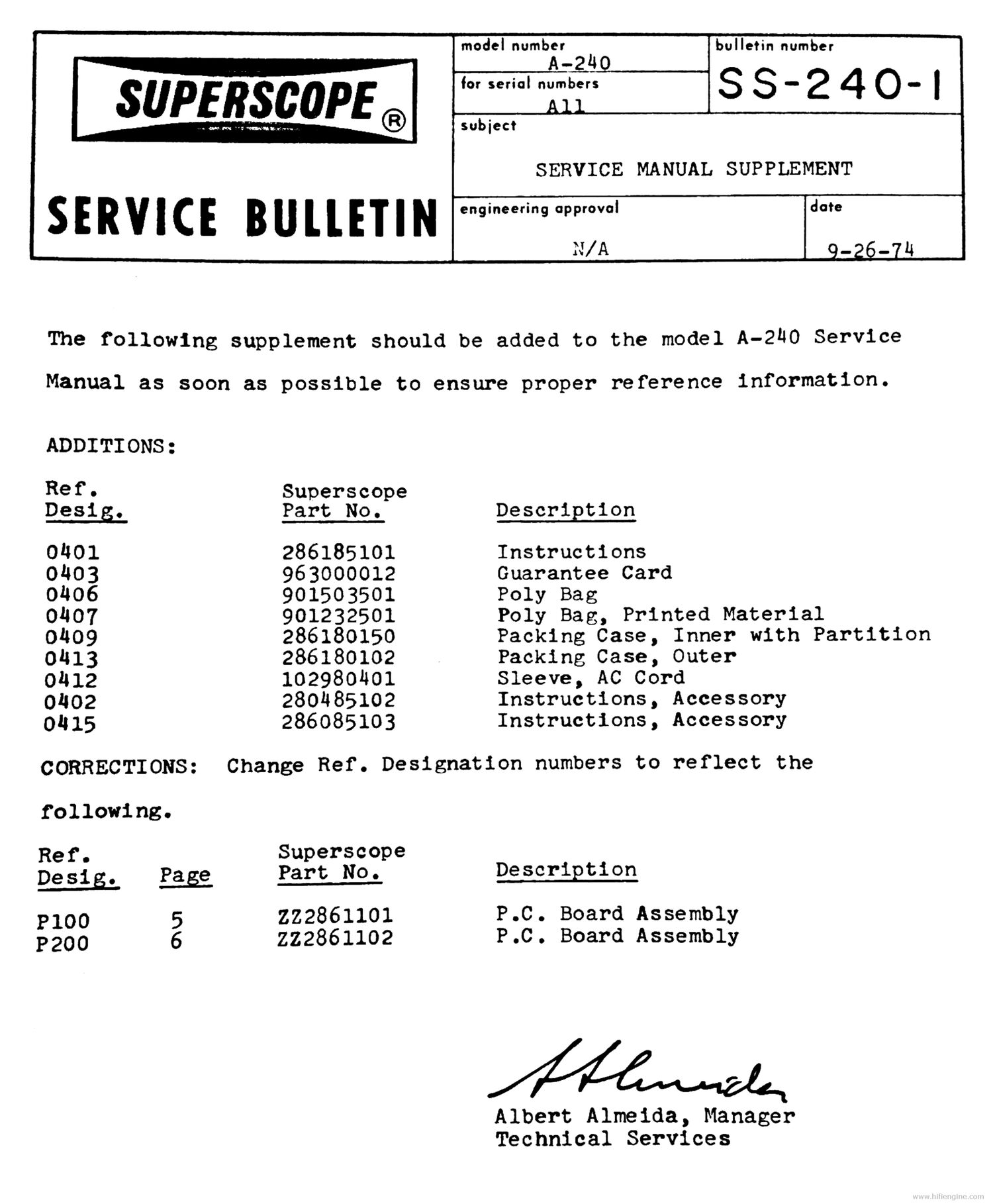 Superscope A 240 Service Bulletin