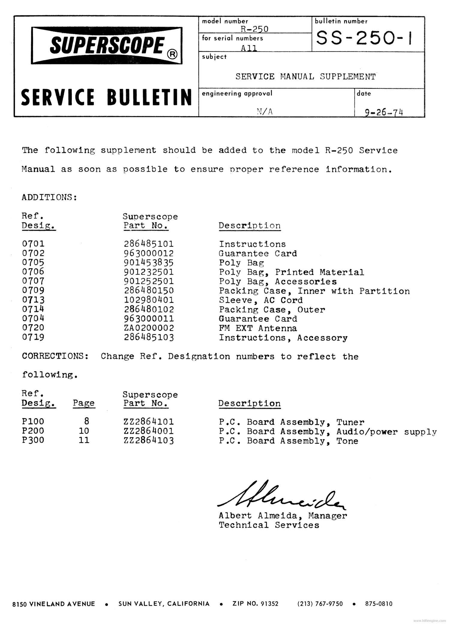 Superscope R 250 Service Bulletin